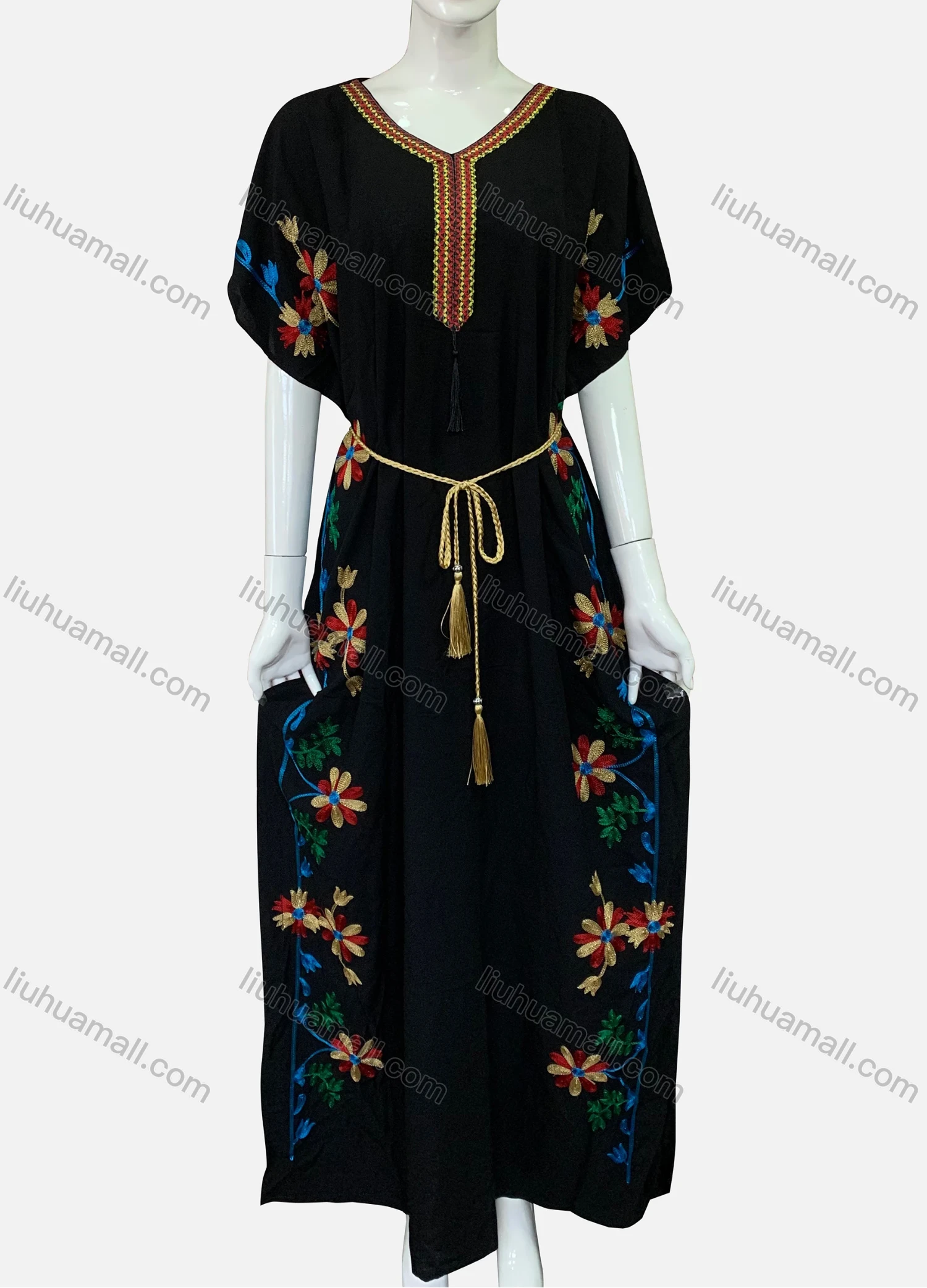 Wholesale Women's African Batwing Sleeve V Neck Patch Pocket Floral Embroidery Maxi Kaftan Dress With Belt XH-712SYD# - Liuhuamall