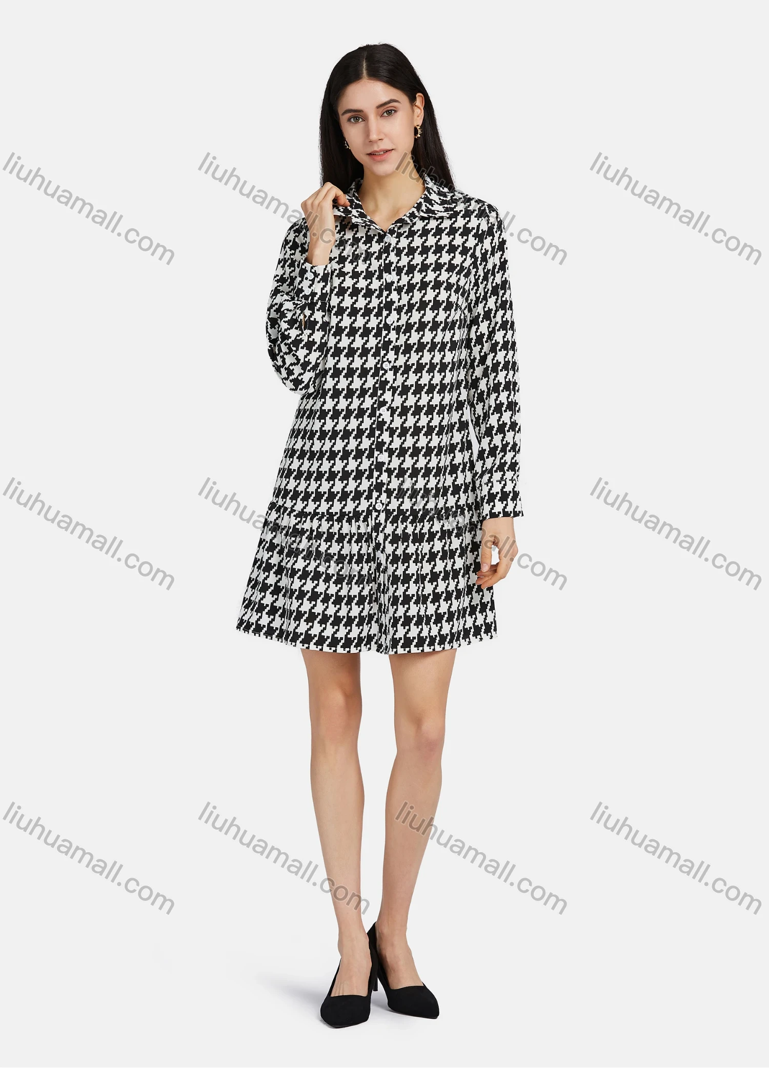 Wholesale Women's Collar Long Sleeve Button Front Houndstooth Print Short Shirt Dress - Liuhuamall