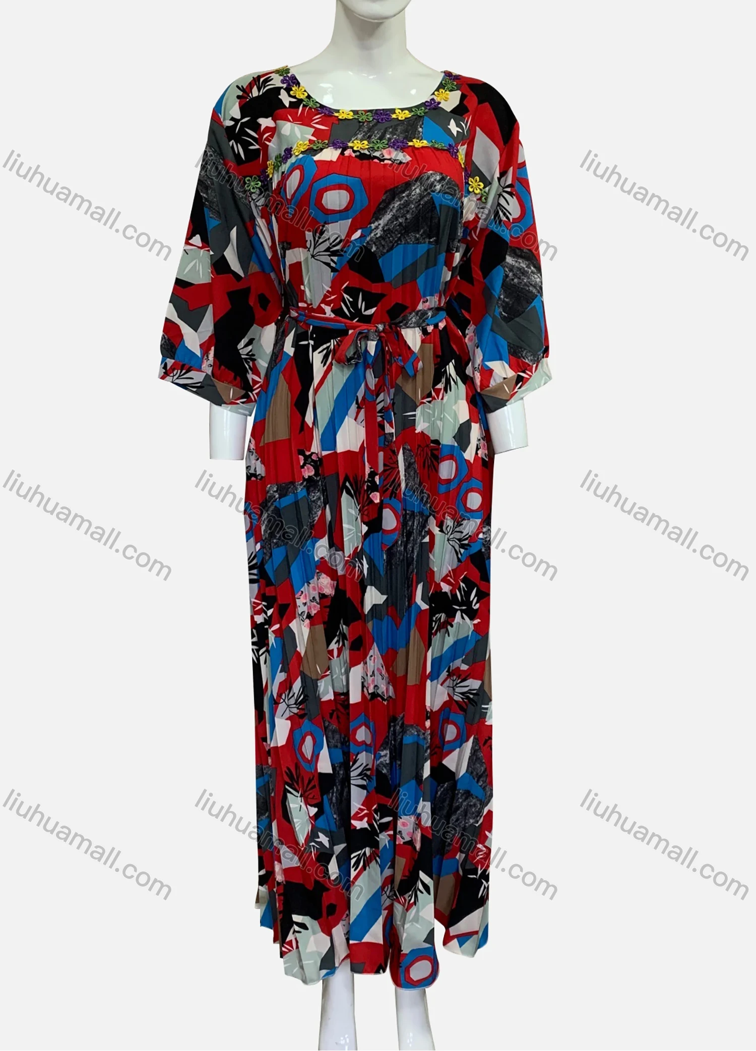 Wholesale Women's Plus Size Round Neck 3/4 Sleeve Splicing Print Pleated Hem Maxi Dress With Belt XF-05-X017# - Liuhuamall