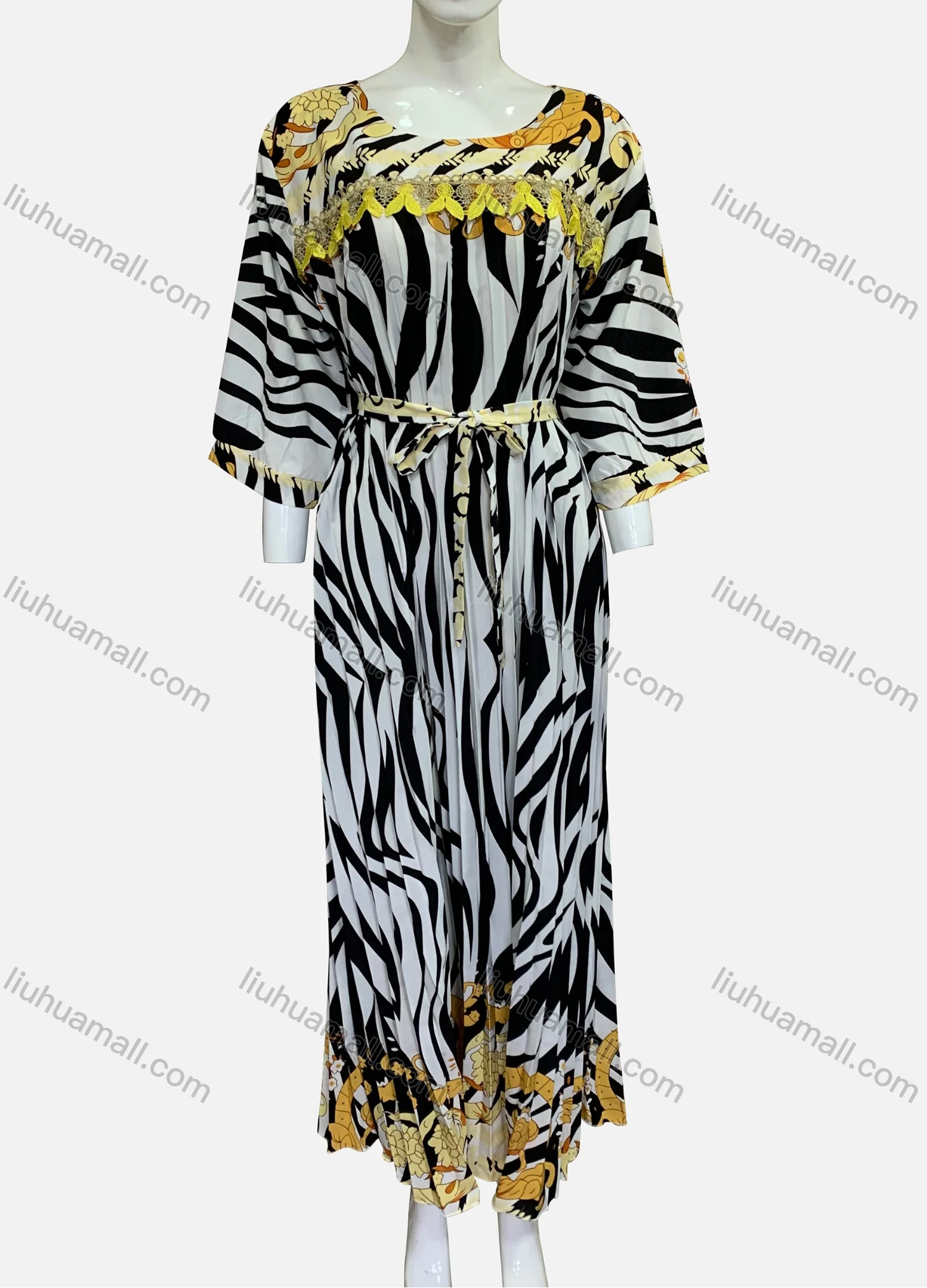 Wholesale Women's Plus Size Round Neck 3/4 Sleeve Zebra Stripe Print Pleated Hem Maxi Dress With Belt XF-09-X013# - Liuhuamall