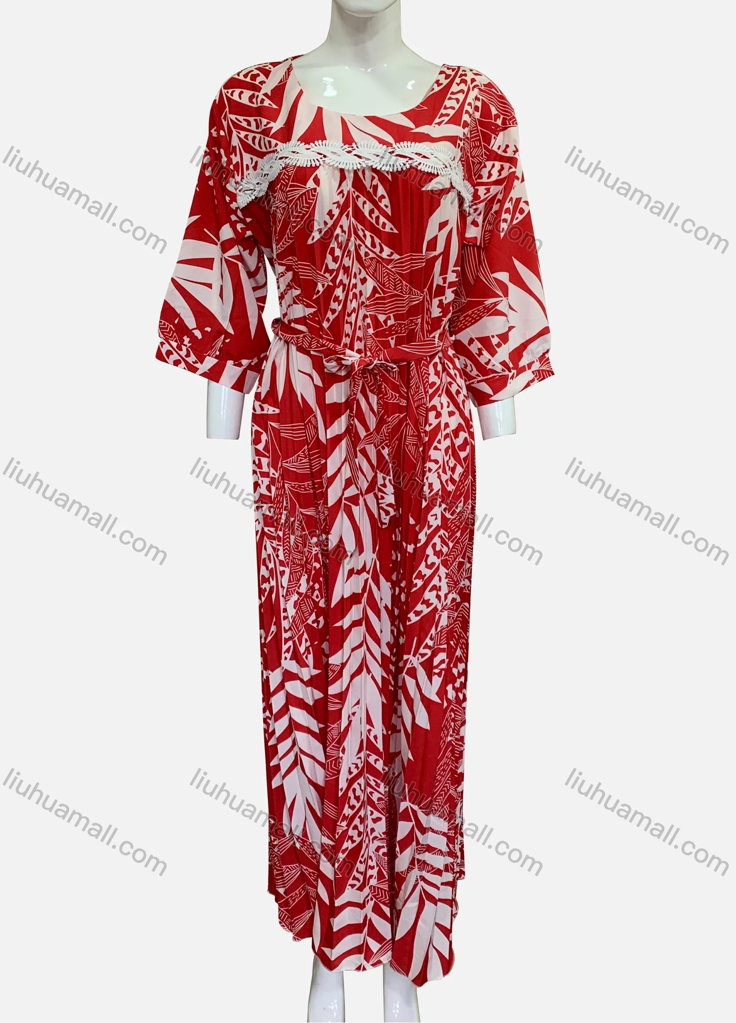 Wholesale Women's Plus Size Round Neck 3/4 Sleeve Plants Print Pleated Hem Maxi Dress With Belt XF-10-X002# - Liuhuamall