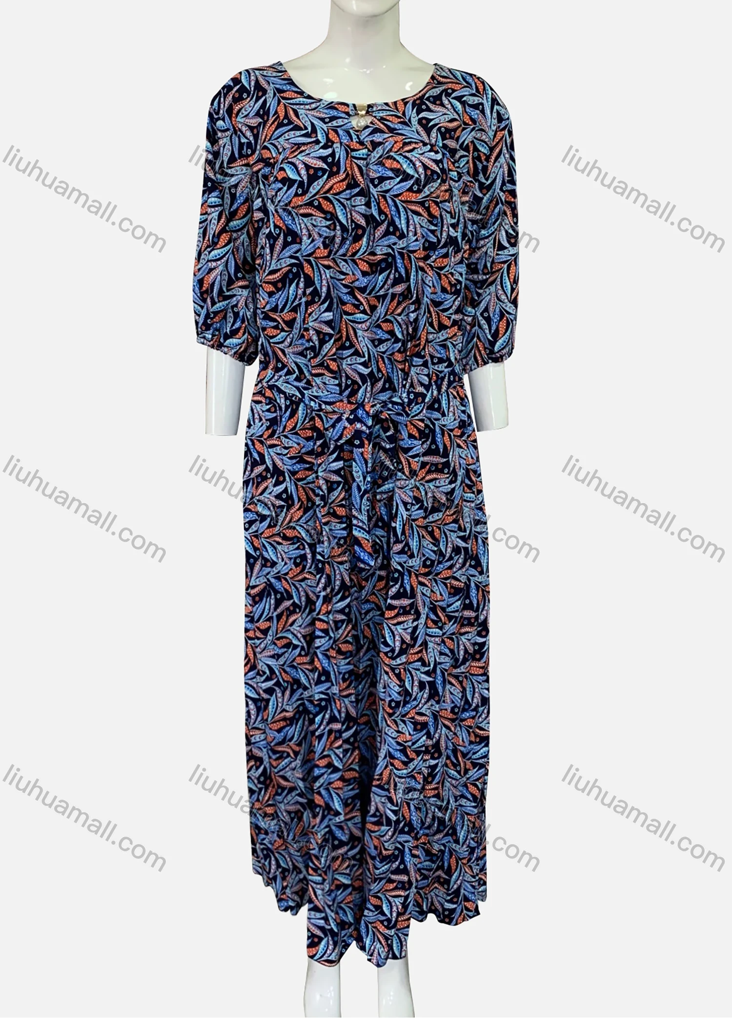 Wholesale Women's Plus Size Round Neck 3/4 Sleeve Allover Plants Print Pleated Hem Maxi Dress With Belt XF-14-X001# - Liuhuamall