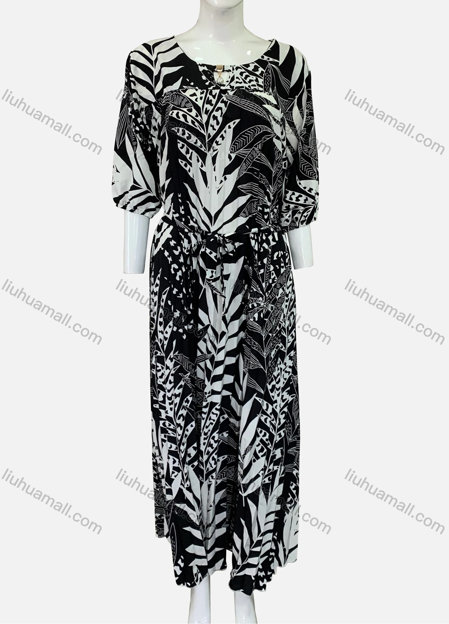 Wholesale Women's Plus Size Round Neck 3/4 Sleeve Allover Plants Print Pleated Hem Maxi Dress With Belt XF-14-X002# - Liuhuamall