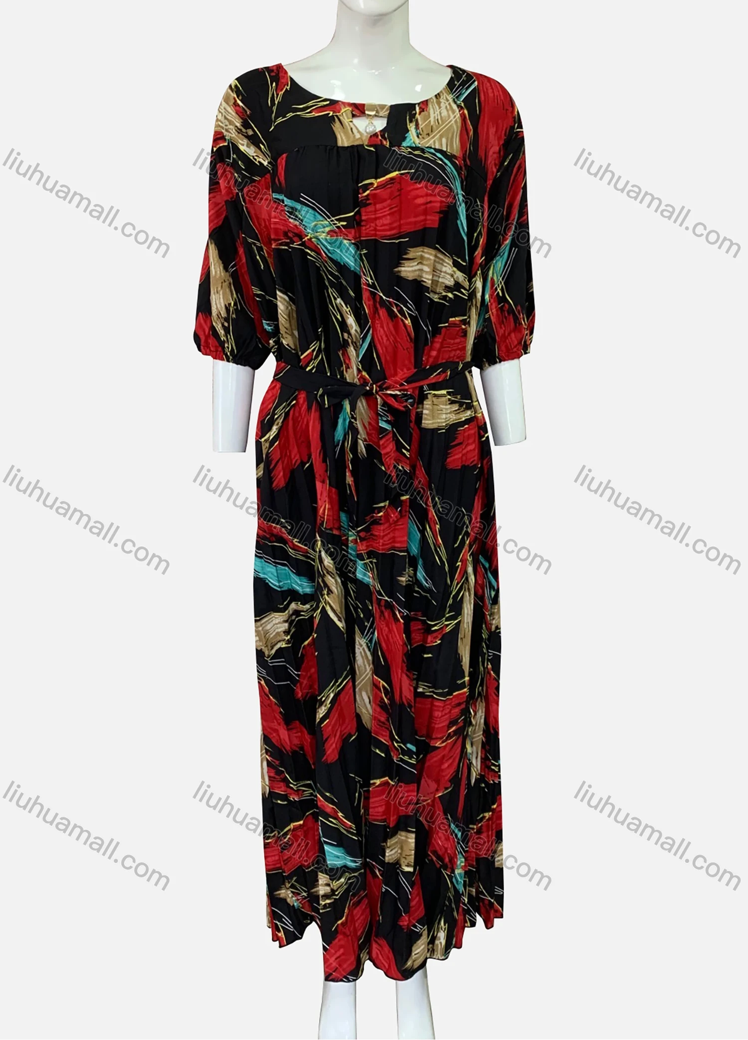 Wholesale Women's Plus Size Round Neck 3/4 Sleeve Abstract Print Pleated Hem Maxi Dress With Belt XF-08-X015# - Liuhuamall