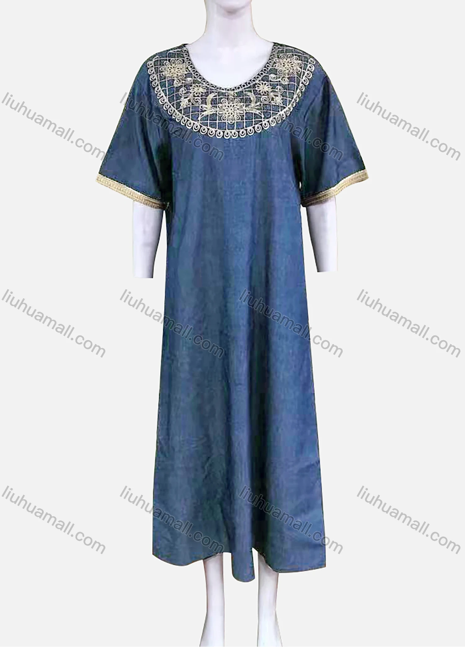 Wholesale Women's African Long Sleeve Gold Thread Embroidery Maxi Denim Kaftan Dress LSHNZ-10WF# - Liuhuamall