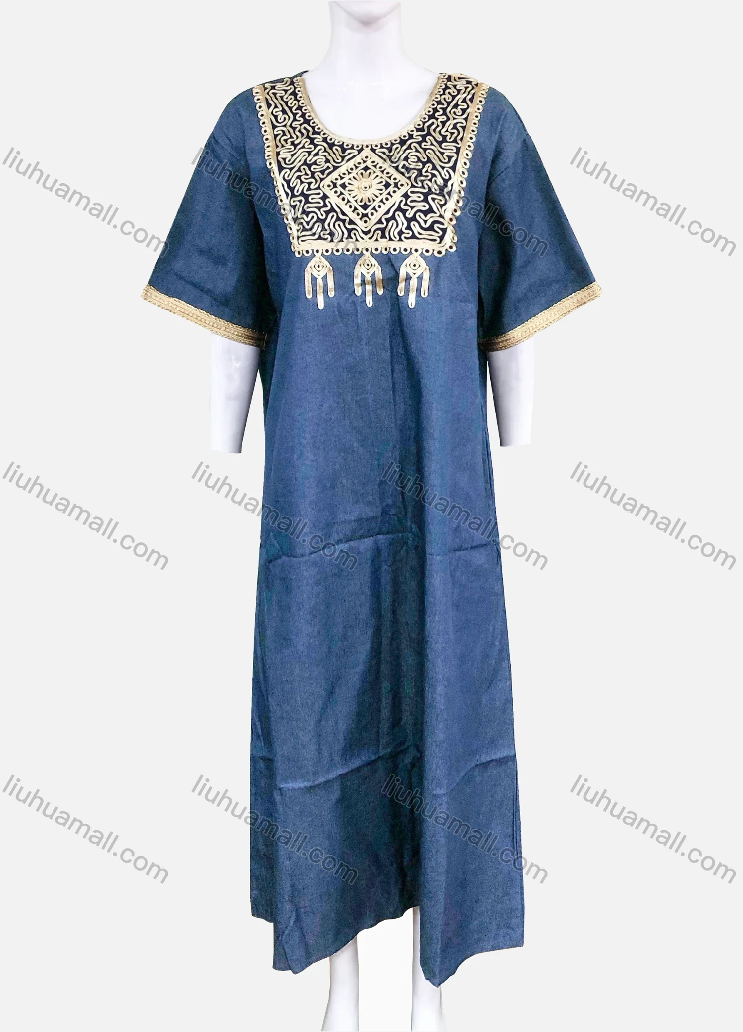 Wholesale Women's African Long Sleeve Gold Thread Embroidery Maxi Denim Kaftan Dress LSHNZ-15WF# - Liuhuamall
