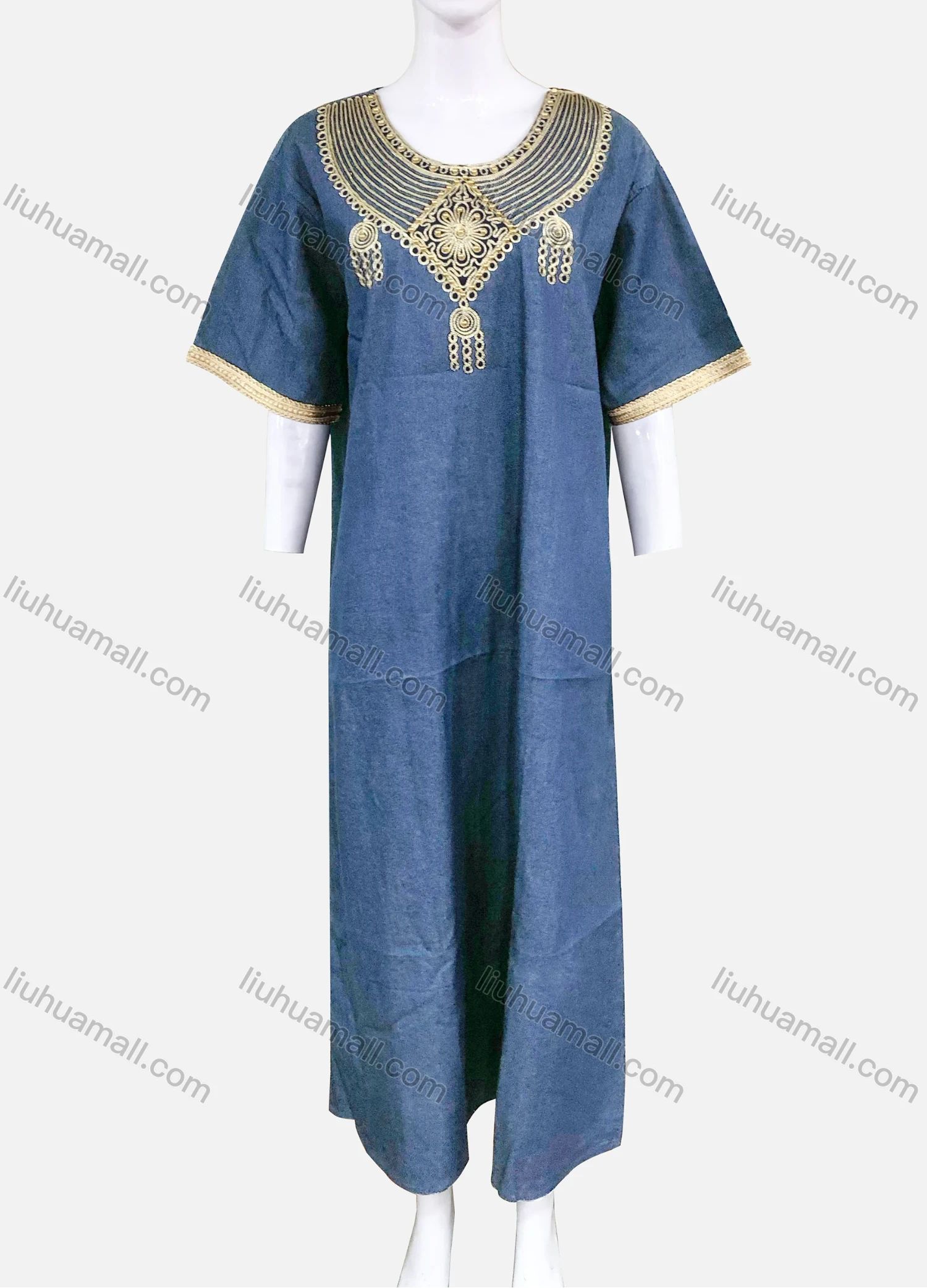 Wholesale Women's African Long Sleeve Gold Thread Embroidery Maxi Denim Kaftan Dress LSHNZ-16WF# - Liuhuamall