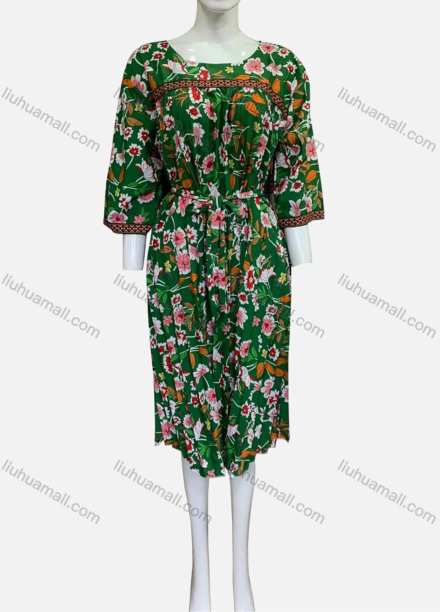 Wholesale Women's Plus Size Round Neck 3/4 Sleeve Floral Print Pleated Hem Midi Dress With Belt XFD-08-X015# - Liuhuamall