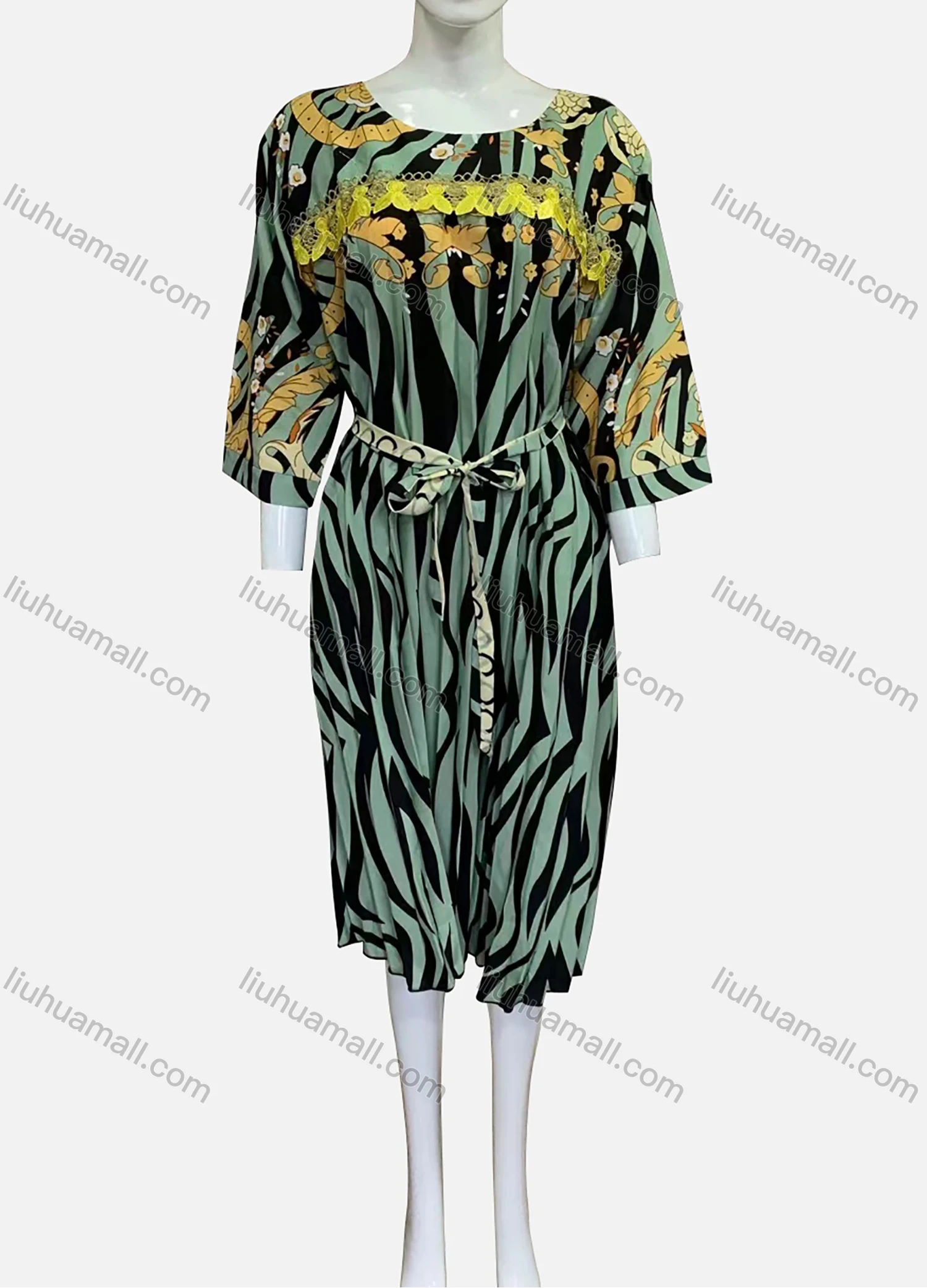 Wholesale Women's Plus Size Round Neck 3/4 Sleeve Zebra Stripe Pleated Hem Midi Dress With Belt XFD-09-X013# - Liuhuamall