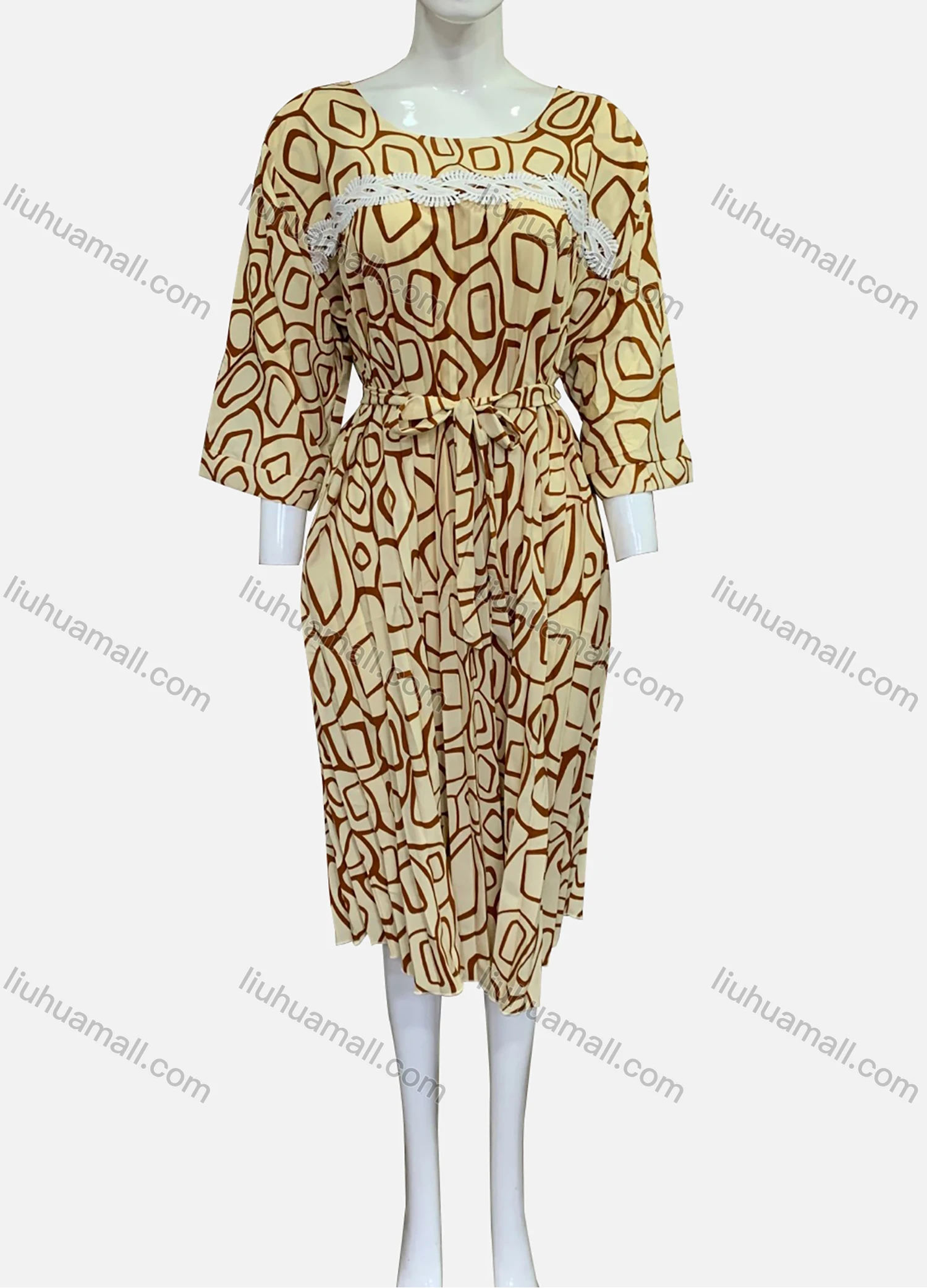 Wholesale Women's Plus Size Round Neck 3/4 Sleeve Geometric Print Pleated Hem Midi Dress With Belt XFD-20-X014# - Liuhuamall