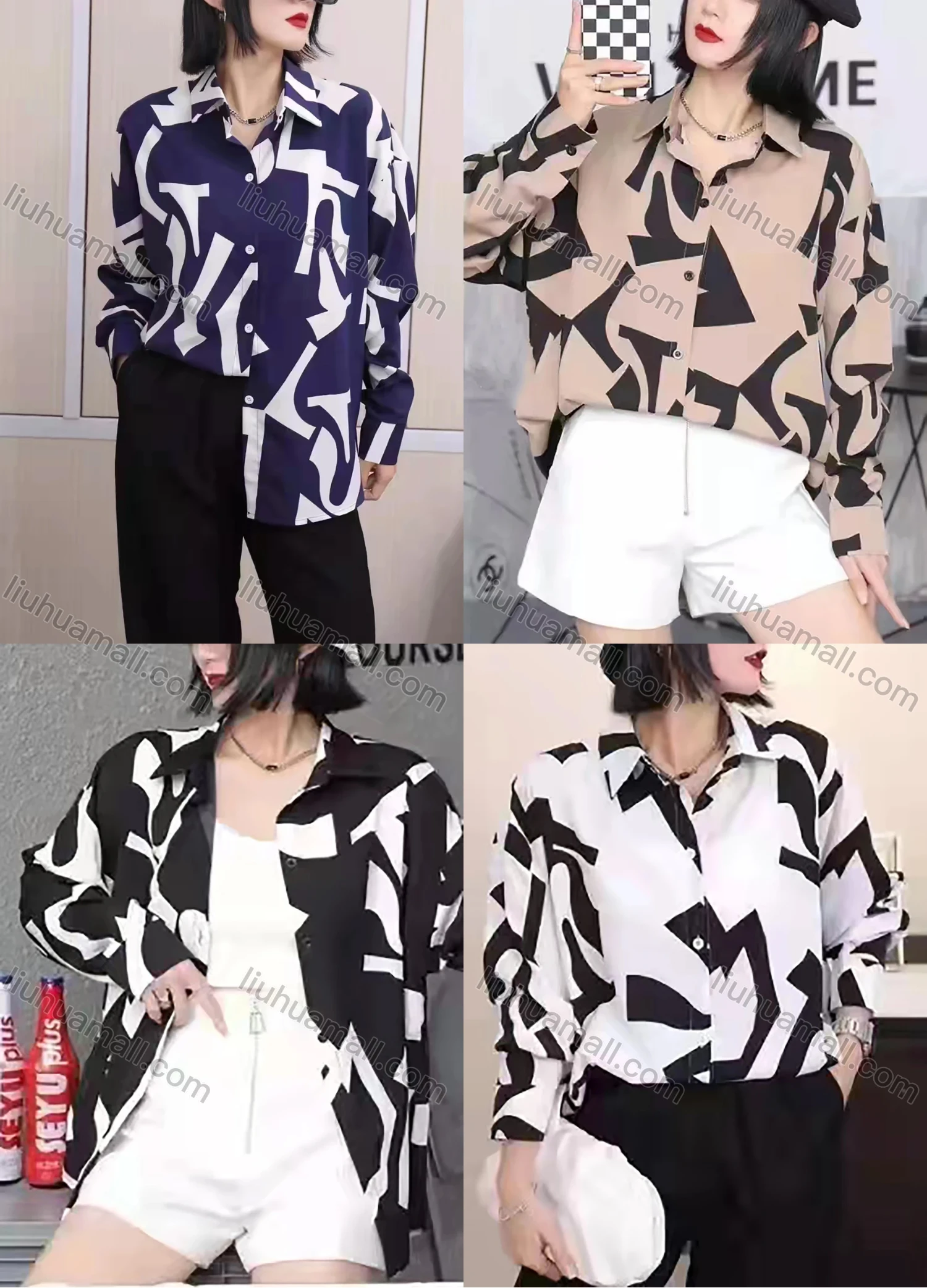 Wholesale Women's Casual Long Sleeve Abstract Print Blouse Button Down Long Sleeve Shirt 6005-01# - Liuhuamall