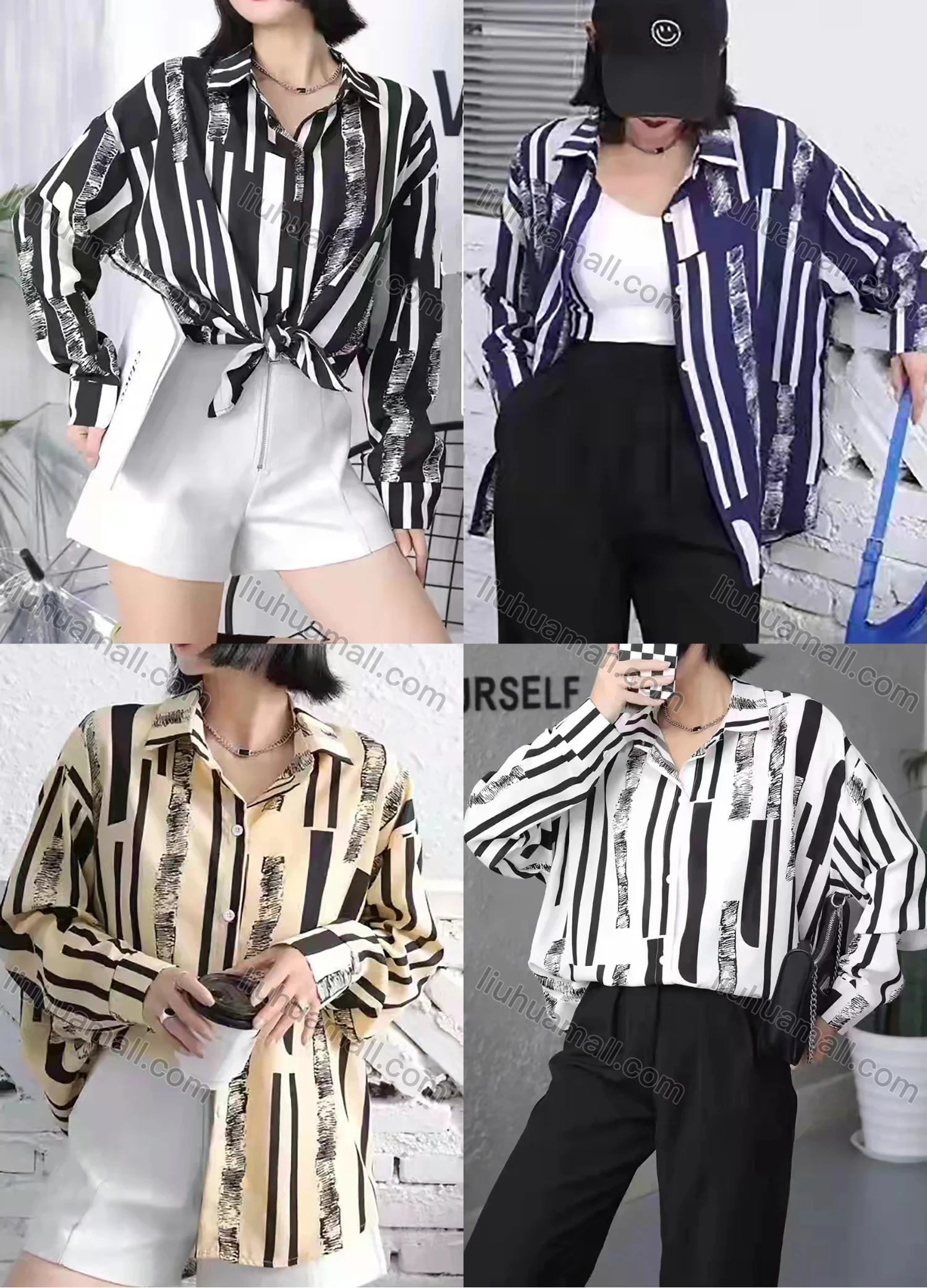 Wholesale Women's Casual Long Sleeve Striped Print Blosue Button Down Long Sleeve Shirt 6005-04# - Liuhuamall