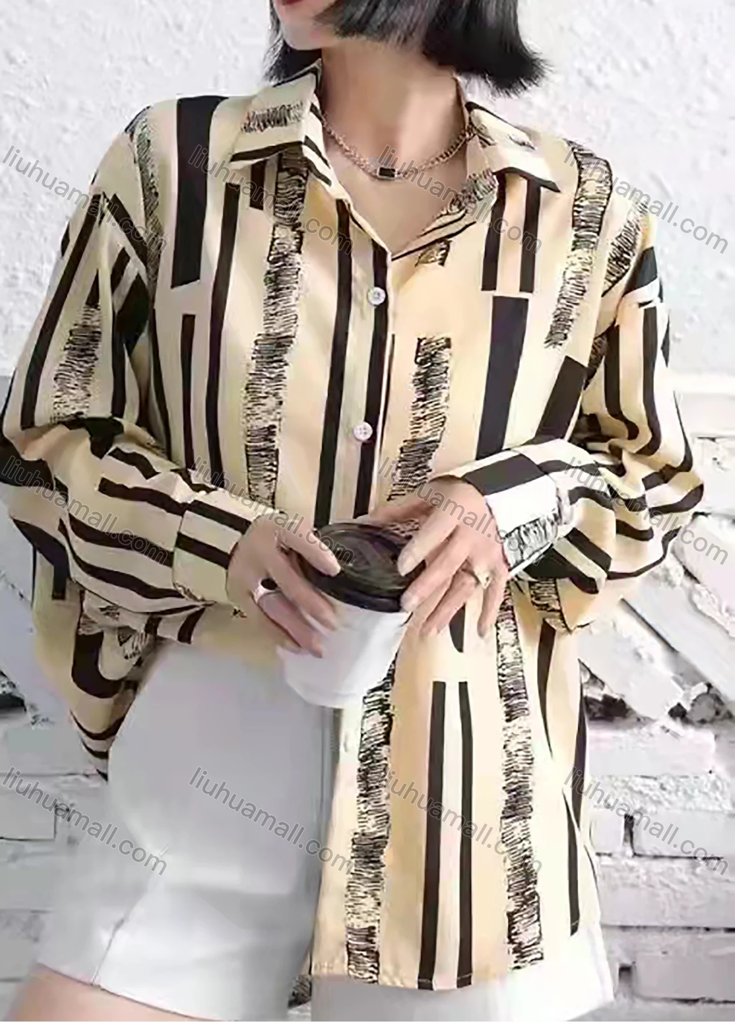 Wholesale Women's Casual Long Sleeve Striped Print Blosue Button Down Long Sleeve Shirt 6005-04# - Liuhuamall