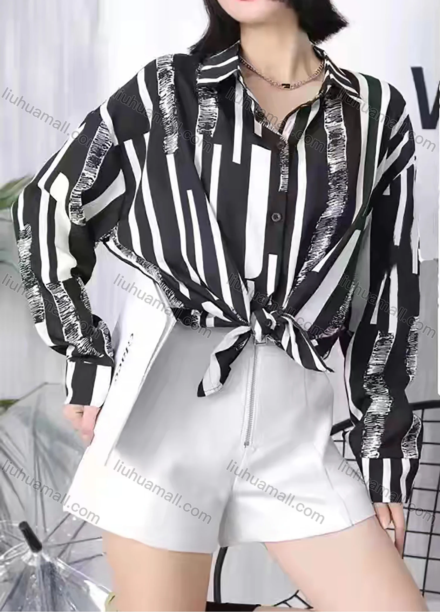 Wholesale Women's Casual Long Sleeve Striped Print Blosue Button Down Long Sleeve Shirt 6005-04# - Liuhuamall