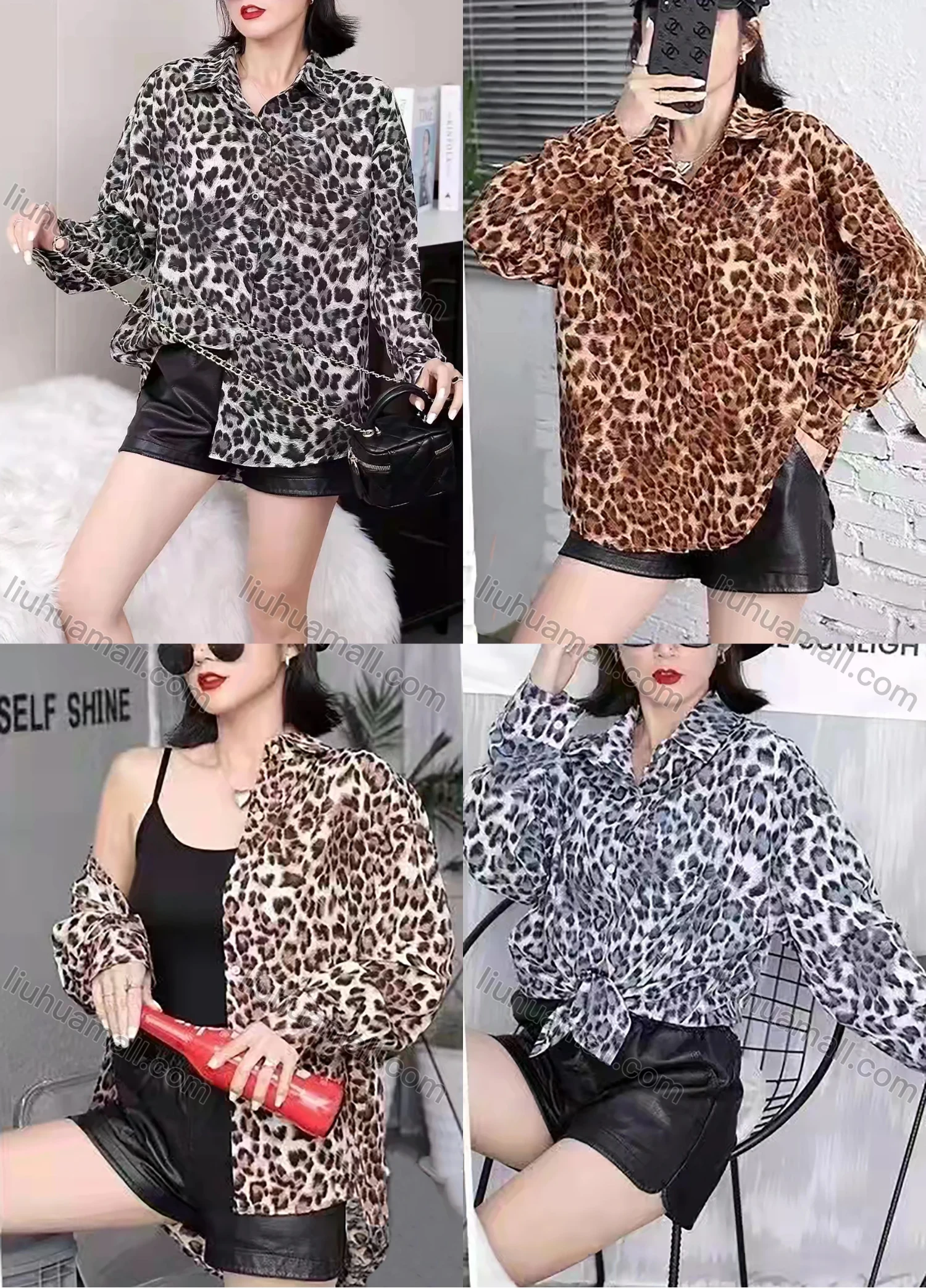 Wholesale Women's Casual Long Sleeve Blouse Leopard Print Button Down Loose Fit Shirt 6005-05# - Liuhuamall