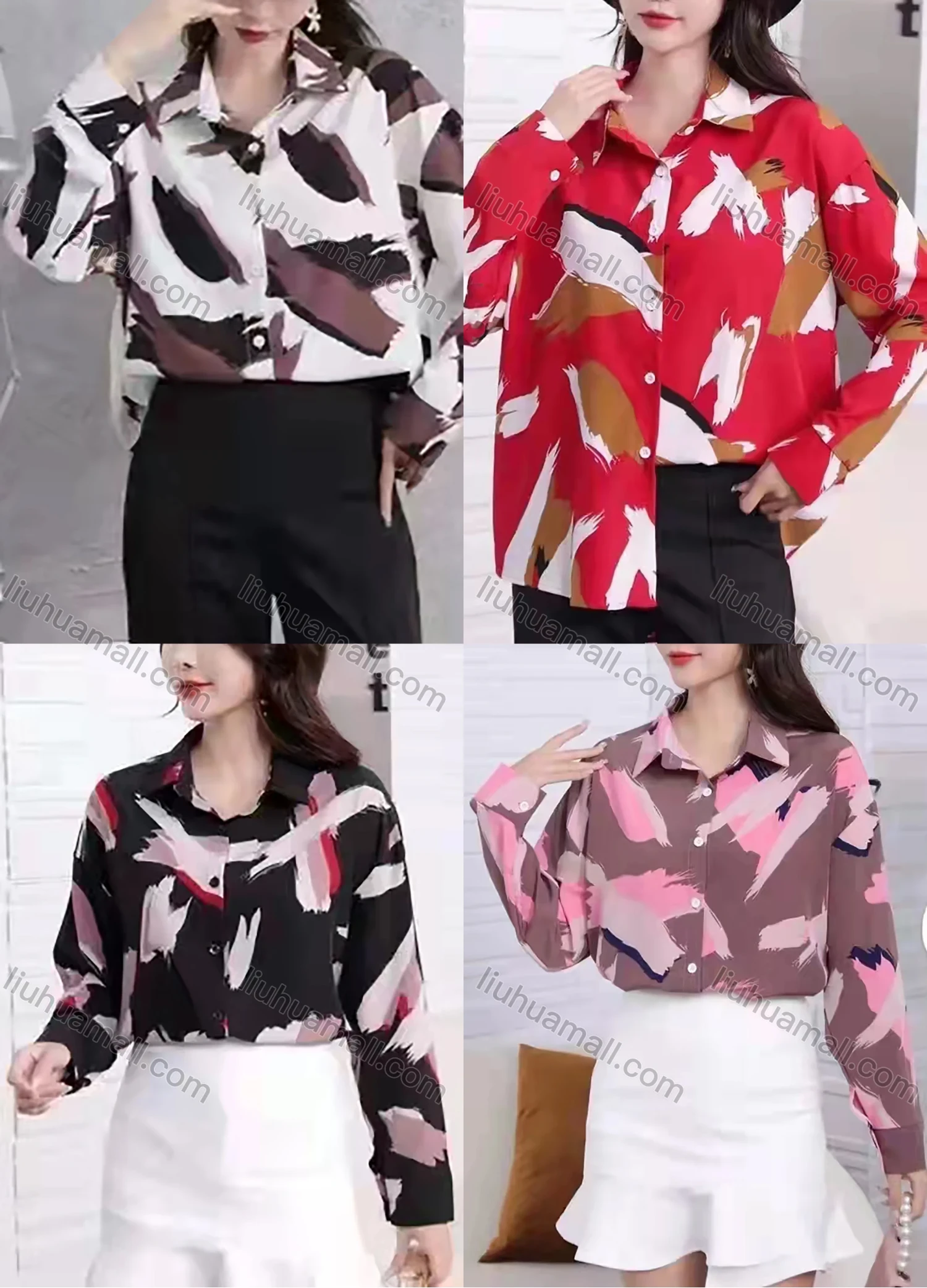 Wholesale Women's Loose Fit Long Sleeve Abstract Print Blouse Button Down Long Sleeve Shirt 6005-11# - Liuhuamall