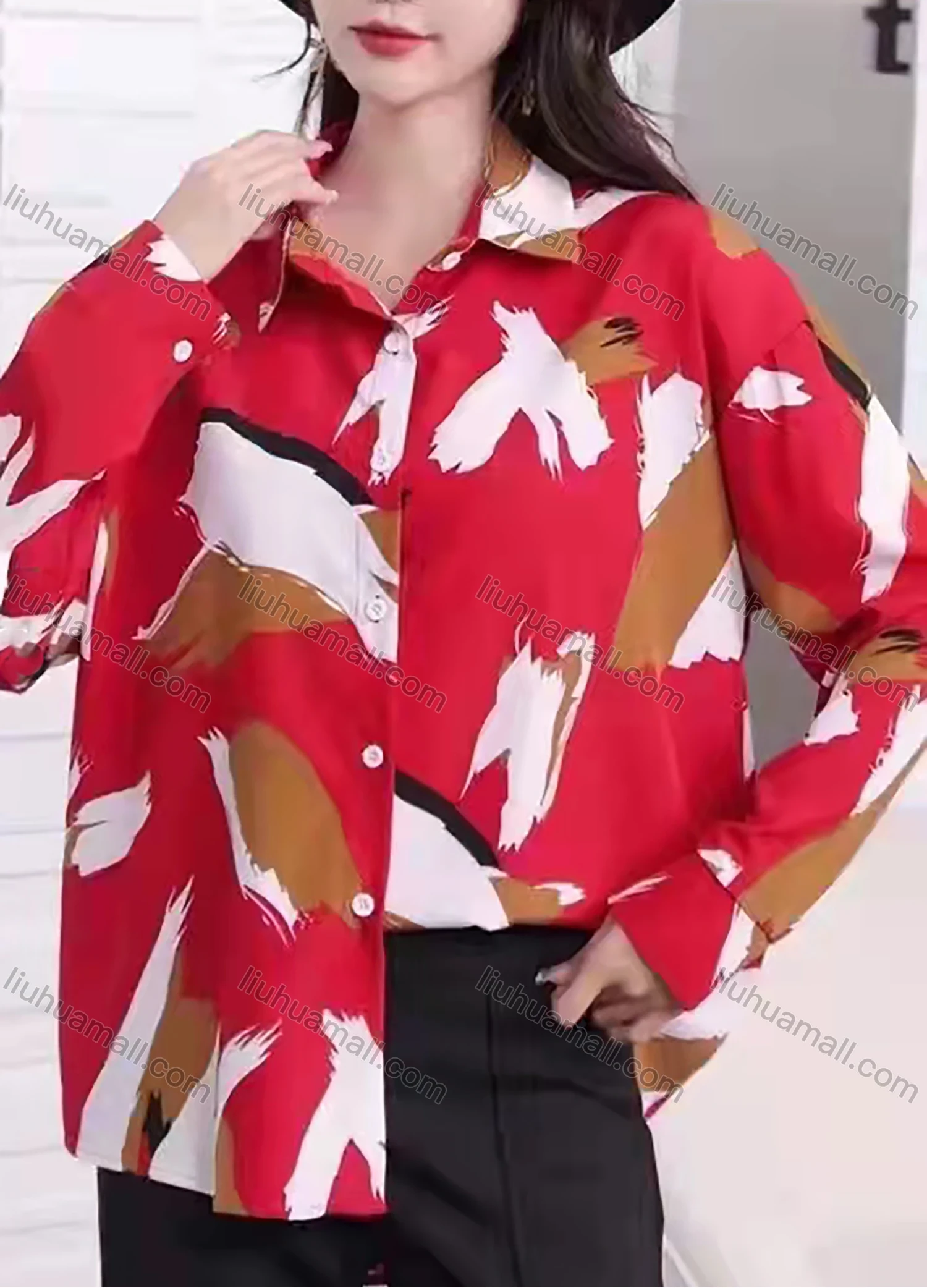 Wholesale Women's Loose Fit Long Sleeve Abstract Print Blouse Button Down Long Sleeve Shirt 6005-11# - Liuhuamall