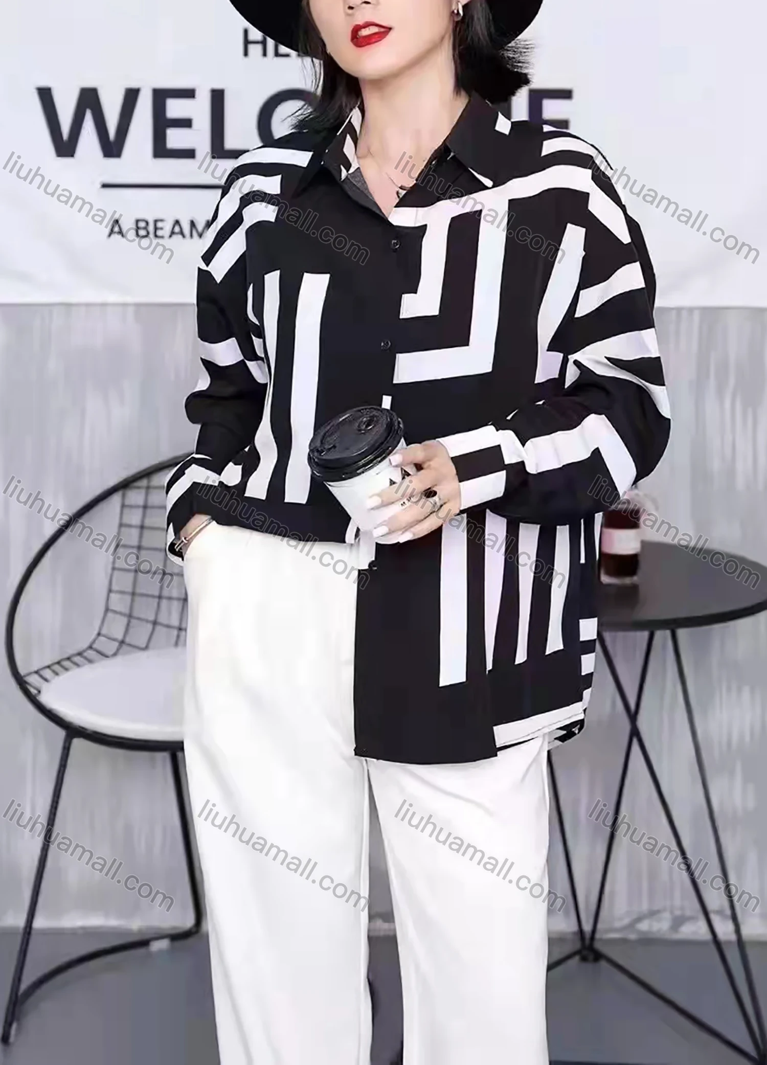 Wholesale Women's Casual Long Sleeve Blouse Geometric Print Button Down Shirts 6005-08# - Liuhuamall