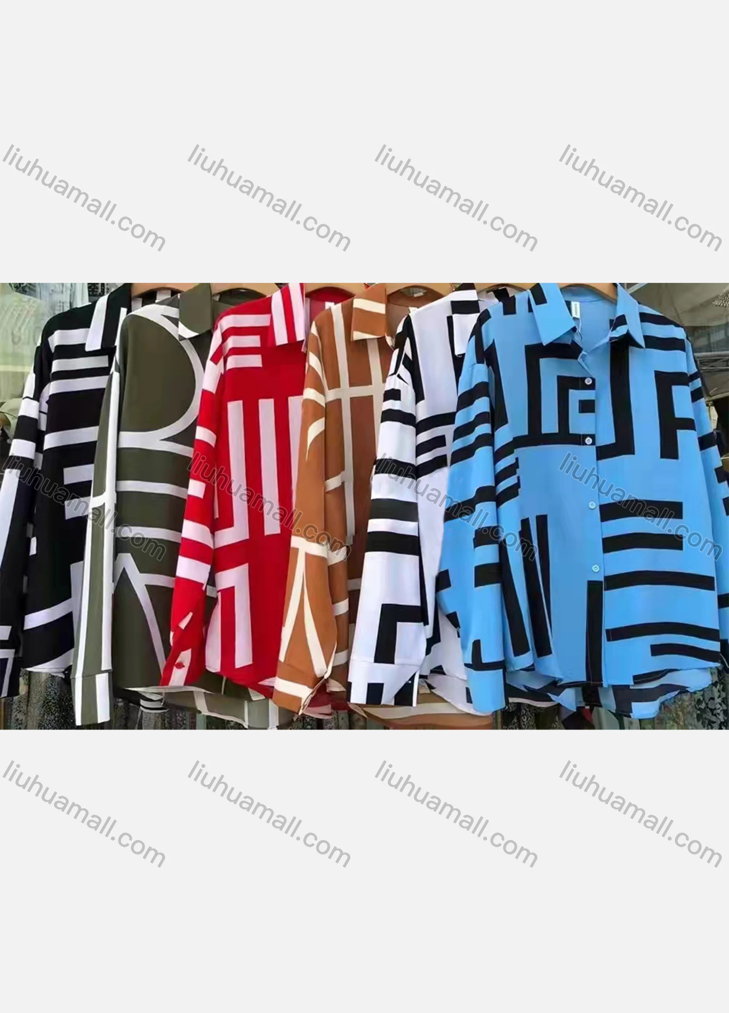Wholesale Women's Casual Long Sleeve Blouse Geometric Print Button Down Shirts 6005-08# - Liuhuamall