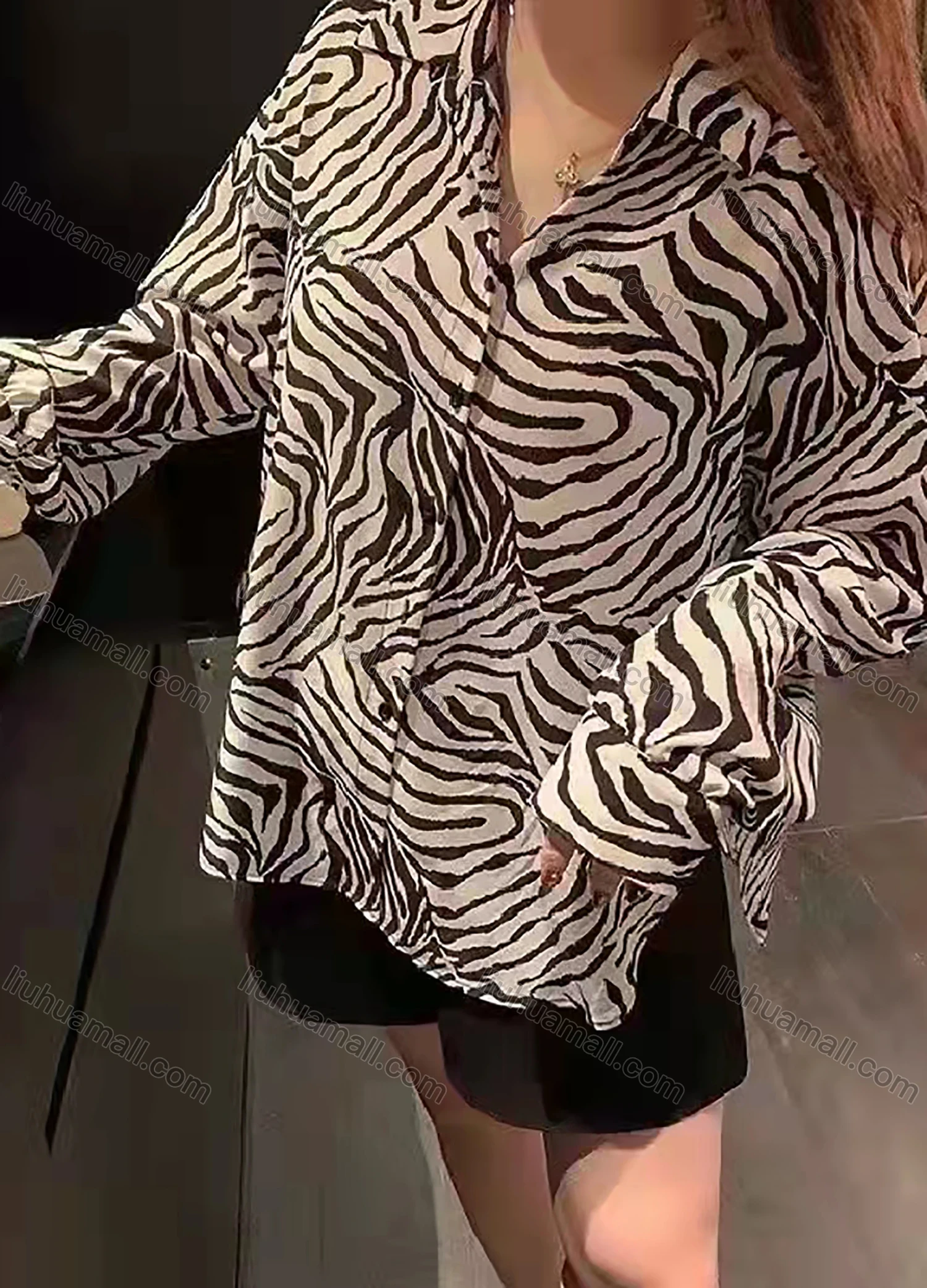 Wholesale Women's Casual Long Sleeve Zebra Print Split Hem Button Down Shirts 6005-13# - Liuhuamall