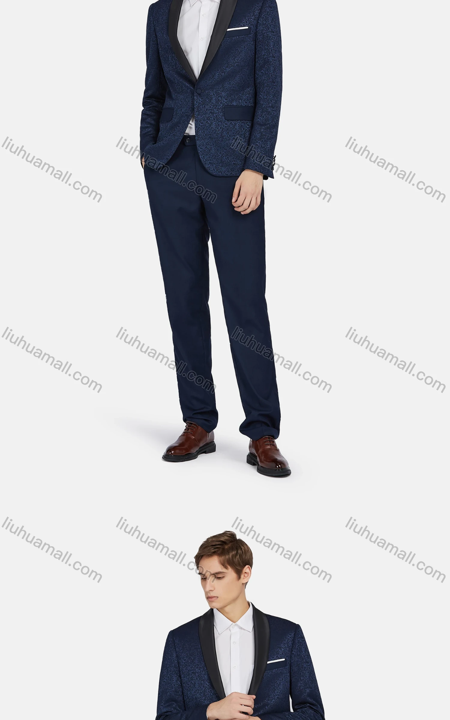 Wholesale Men's Fashion Jacquard Shawl Collar One Button Flap Pockets Blazer & Trousers 2 Piece Sets - Liuhuamall