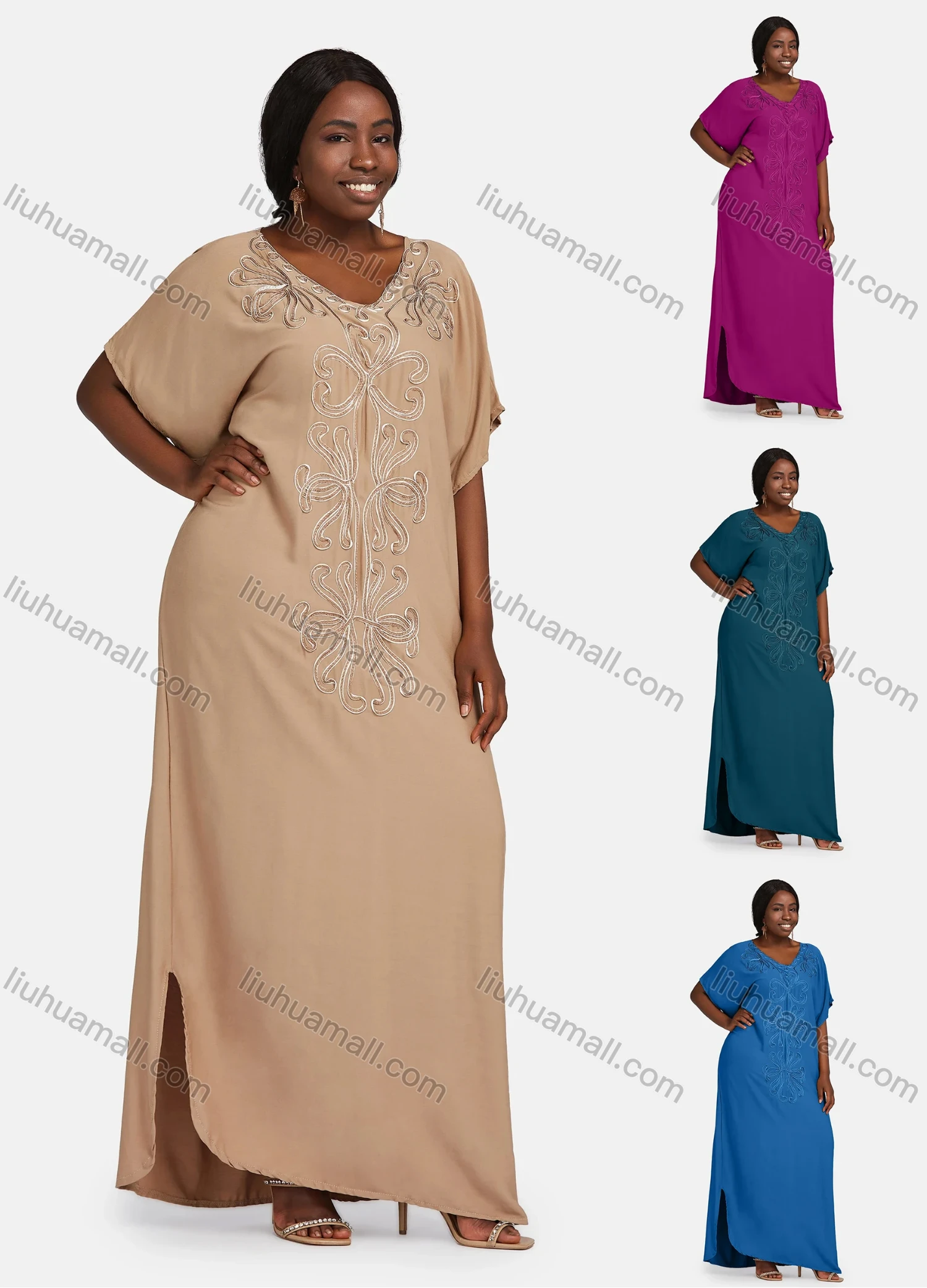 Wholesale Women's African Embroidery Robe Short Sleeve Kaftan Curved Hem Plus Size Maxi Dress - Liuhuamall