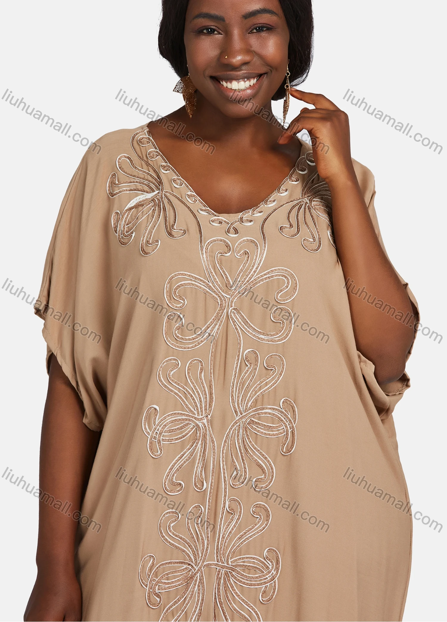Wholesale Women's African Embroidery Robe Short Sleeve Kaftan Curved Hem Plus Size Maxi Dress - Liuhuamall