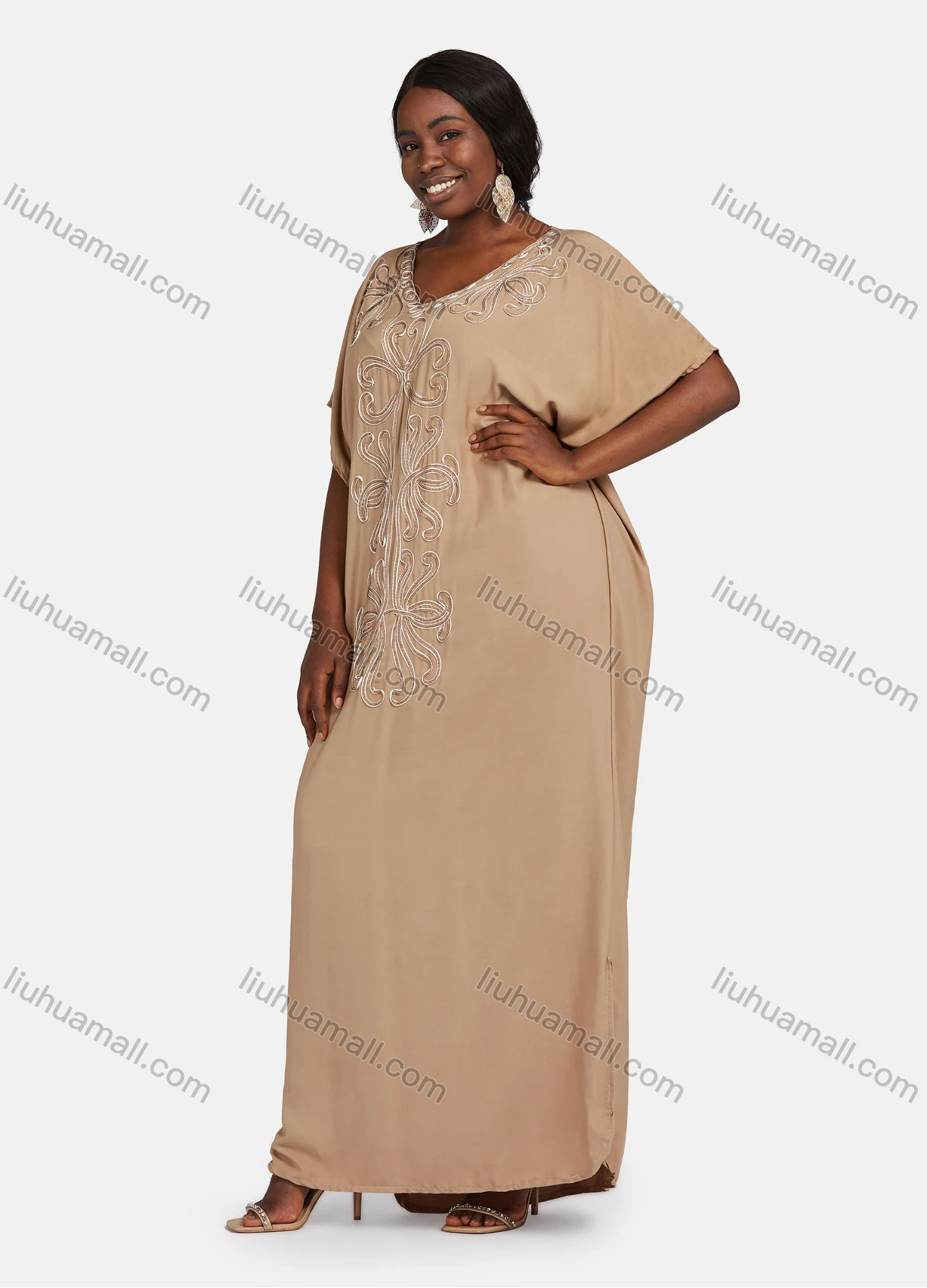 Wholesale Women's African Embroidery Robe Short Sleeve Kaftan Curved Hem Plus Size Maxi Dress - Liuhuamall