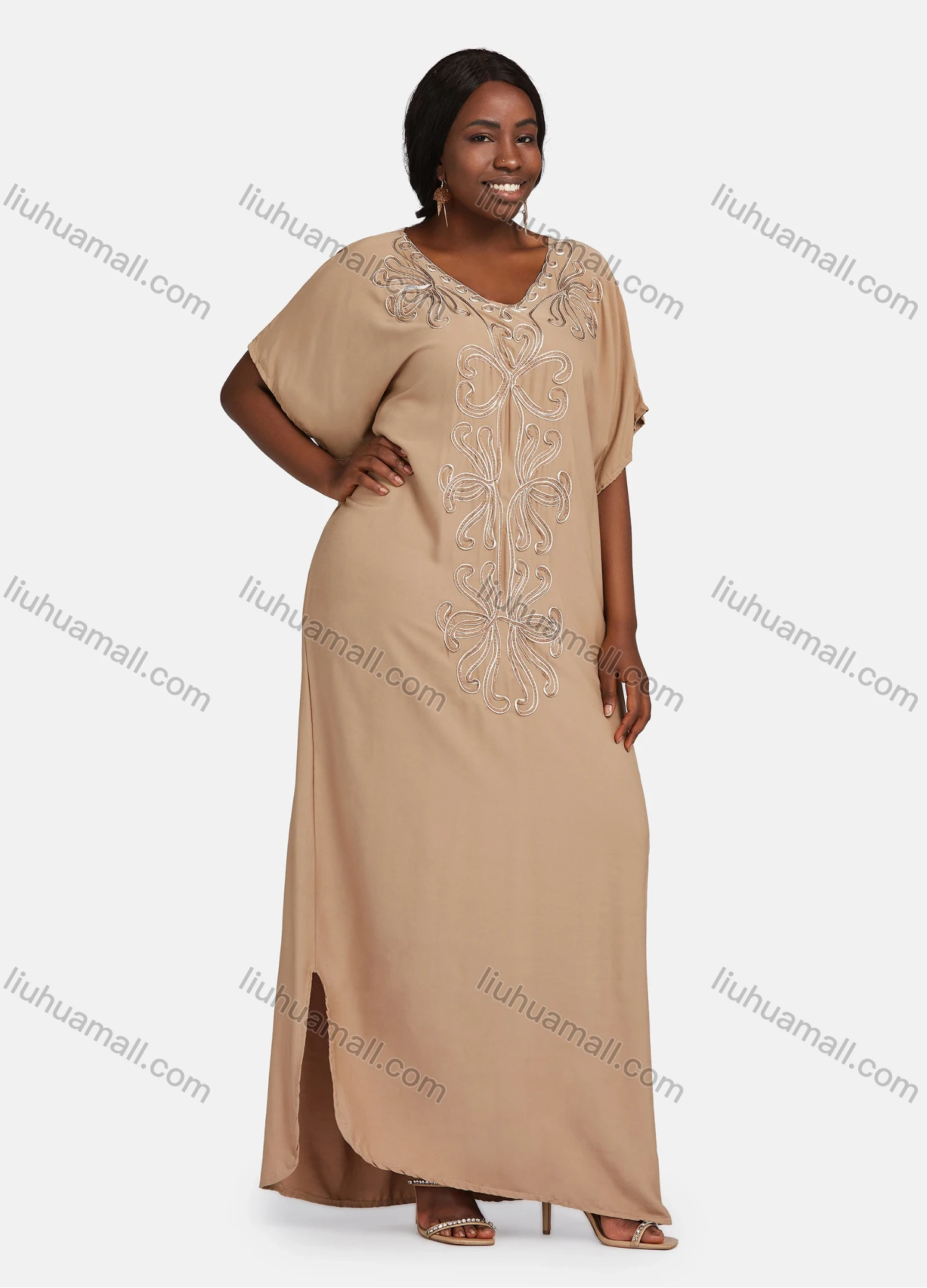 Wholesale Women's African Embroidery Robe Short Sleeve Kaftan Curved Hem Plus Size Maxi Dress - Liuhuamall