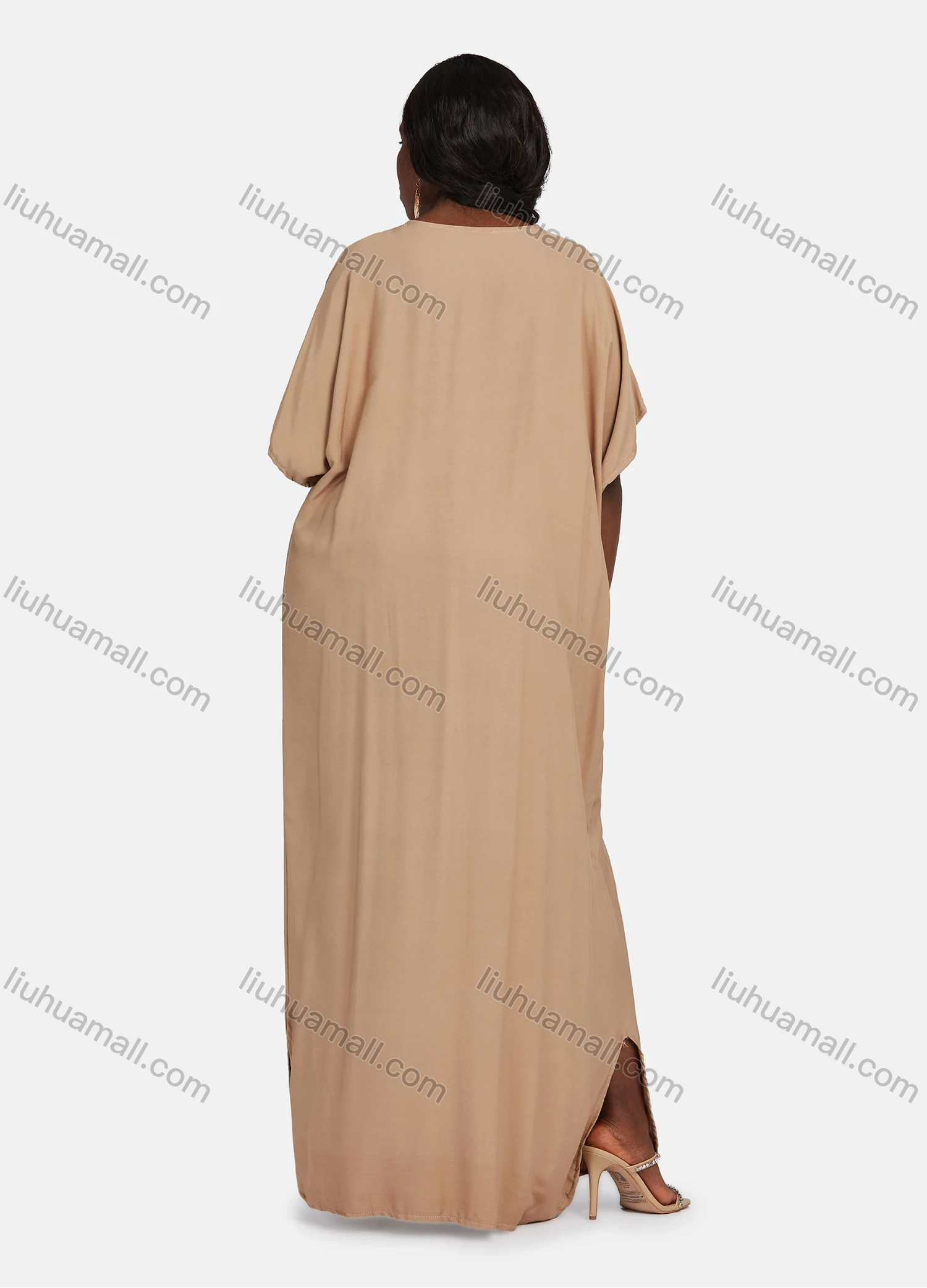 Wholesale Women's African Embroidery Robe Short Sleeve Kaftan Curved Hem Plus Size Maxi Dress - Liuhuamall