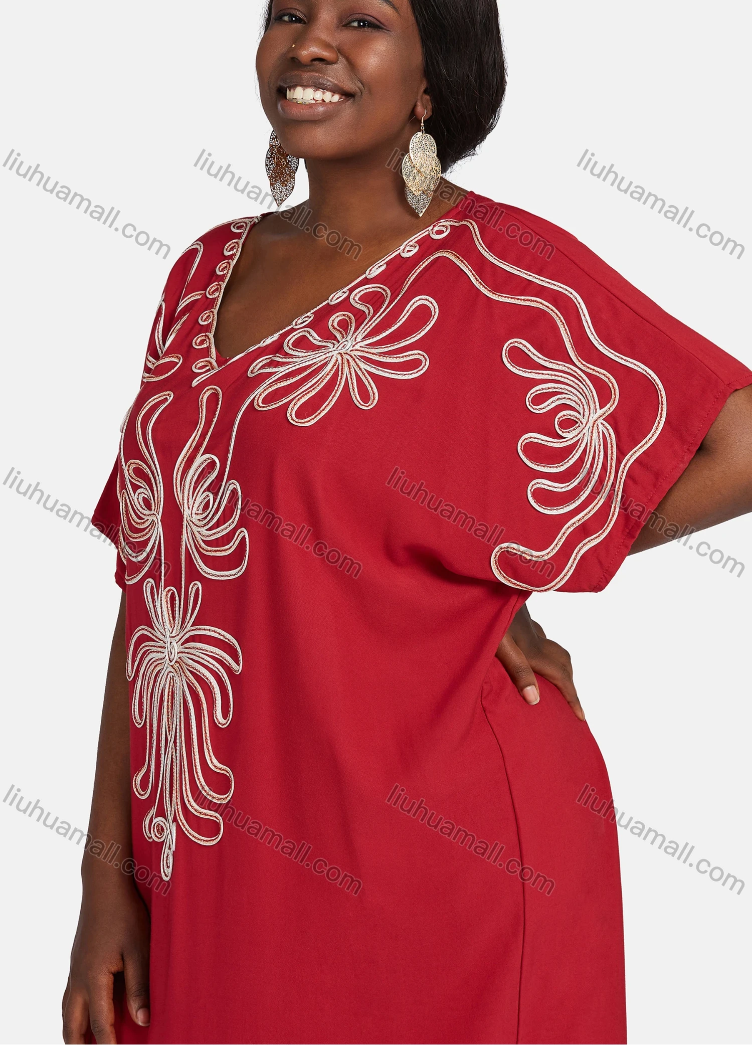 Wholesale Women's African Embroidery Robe Short Sleeve Kaftan Curved Hem Plus Size Maxi Dress - Liuhuamall