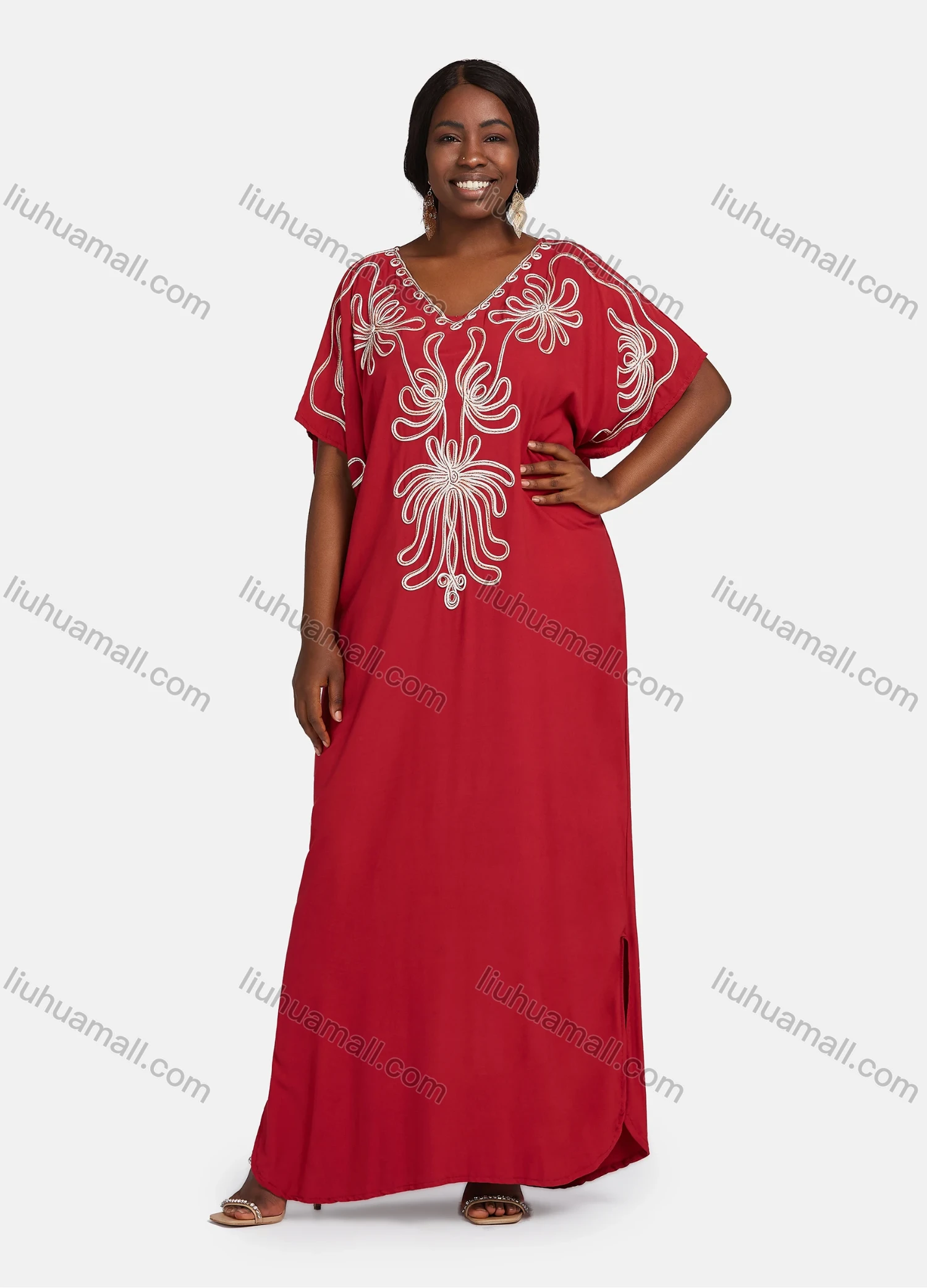 Wholesale Women's African Embroidery Robe Short Sleeve Kaftan Curved Hem Plus Size Maxi Dress - Liuhuamall