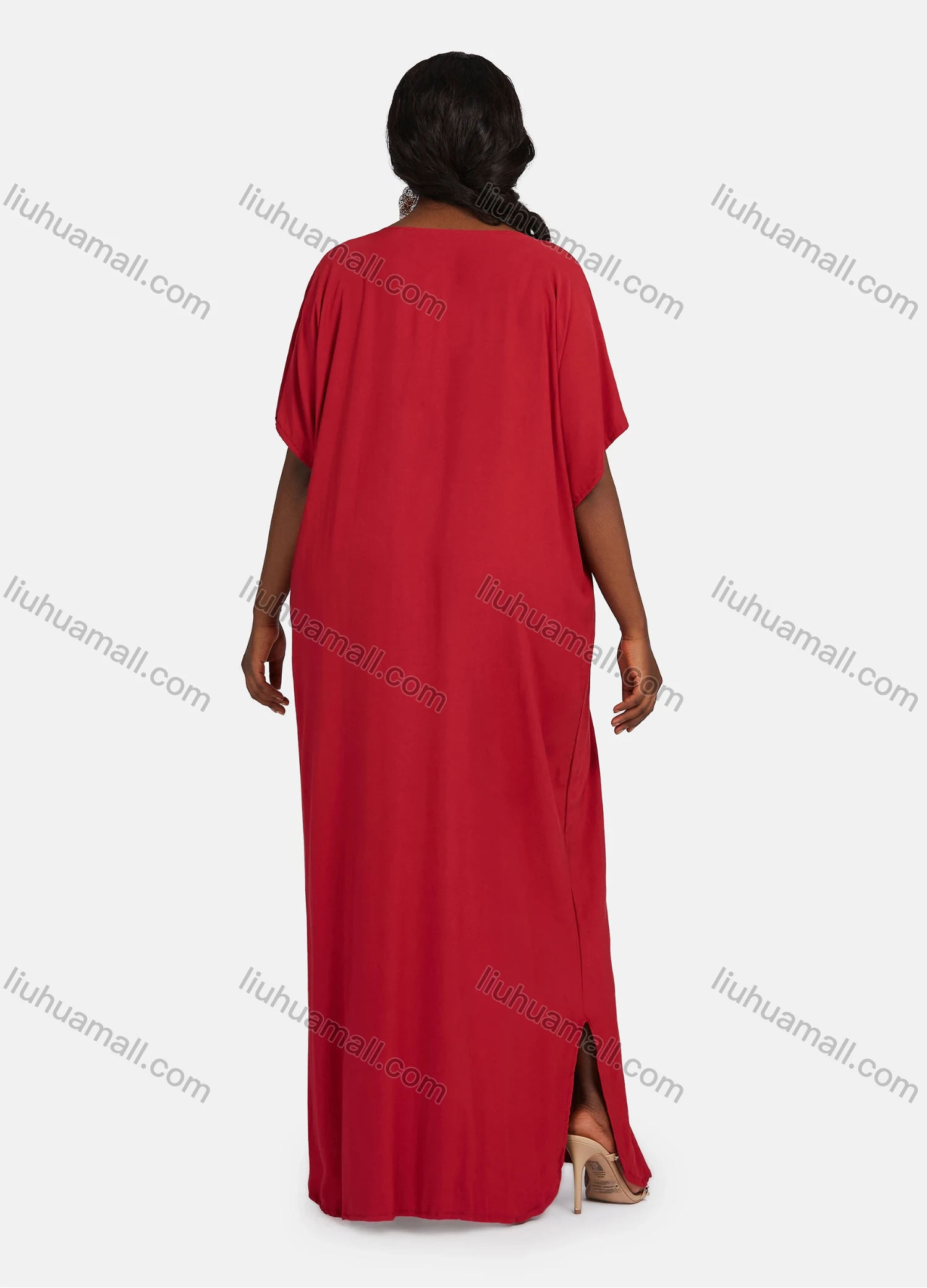 Wholesale Women's African Embroidery Robe Short Sleeve Kaftan Curved Hem Plus Size Maxi Dress - Liuhuamall