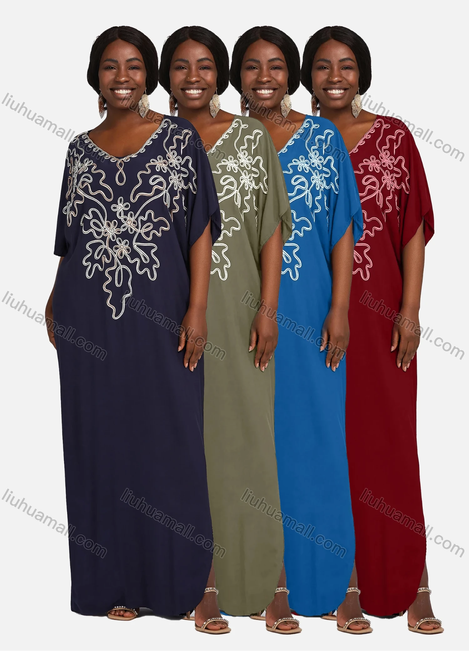 Wholesale Women's African Embroidery Robe Short Sleeve Kaftan Curved Hem Plus Size Maxi Dress - Liuhuamall