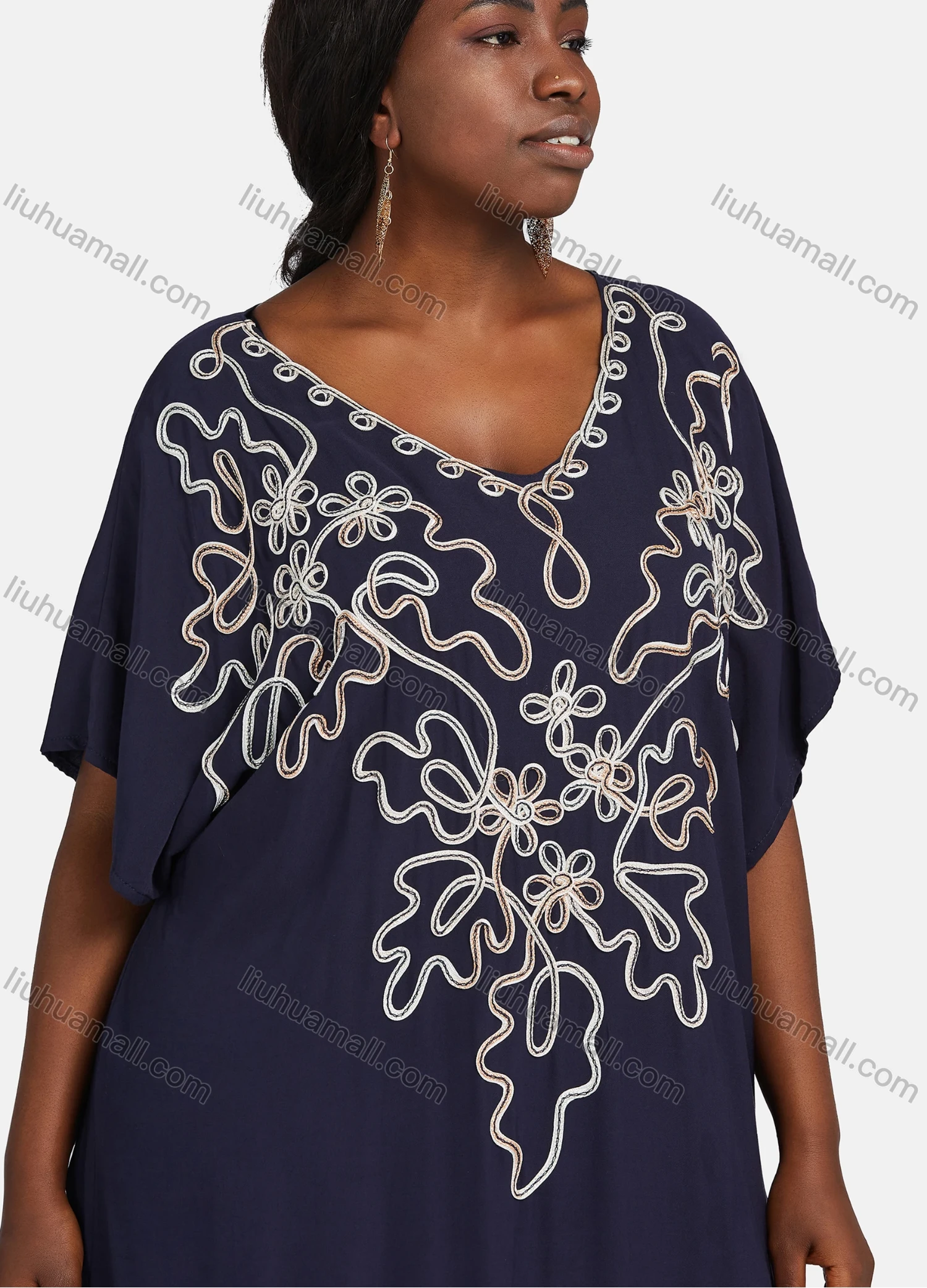 Wholesale Women's African Embroidery Robe Short Sleeve Kaftan Curved Hem Plus Size Maxi Dress - Liuhuamall