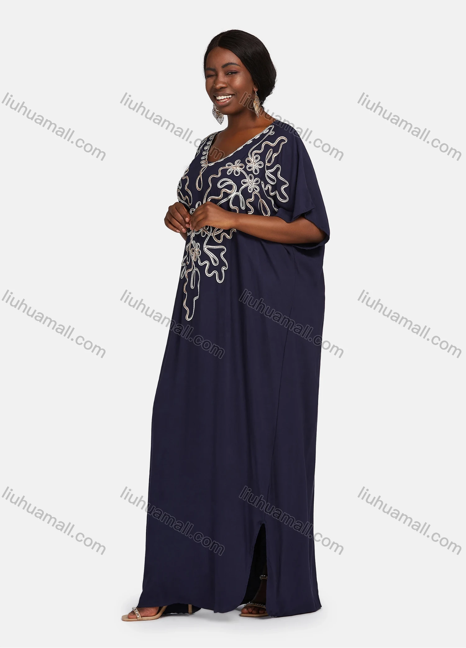 Wholesale Women's African Embroidery Robe Short Sleeve Kaftan Curved Hem Plus Size Maxi Dress - Liuhuamall
