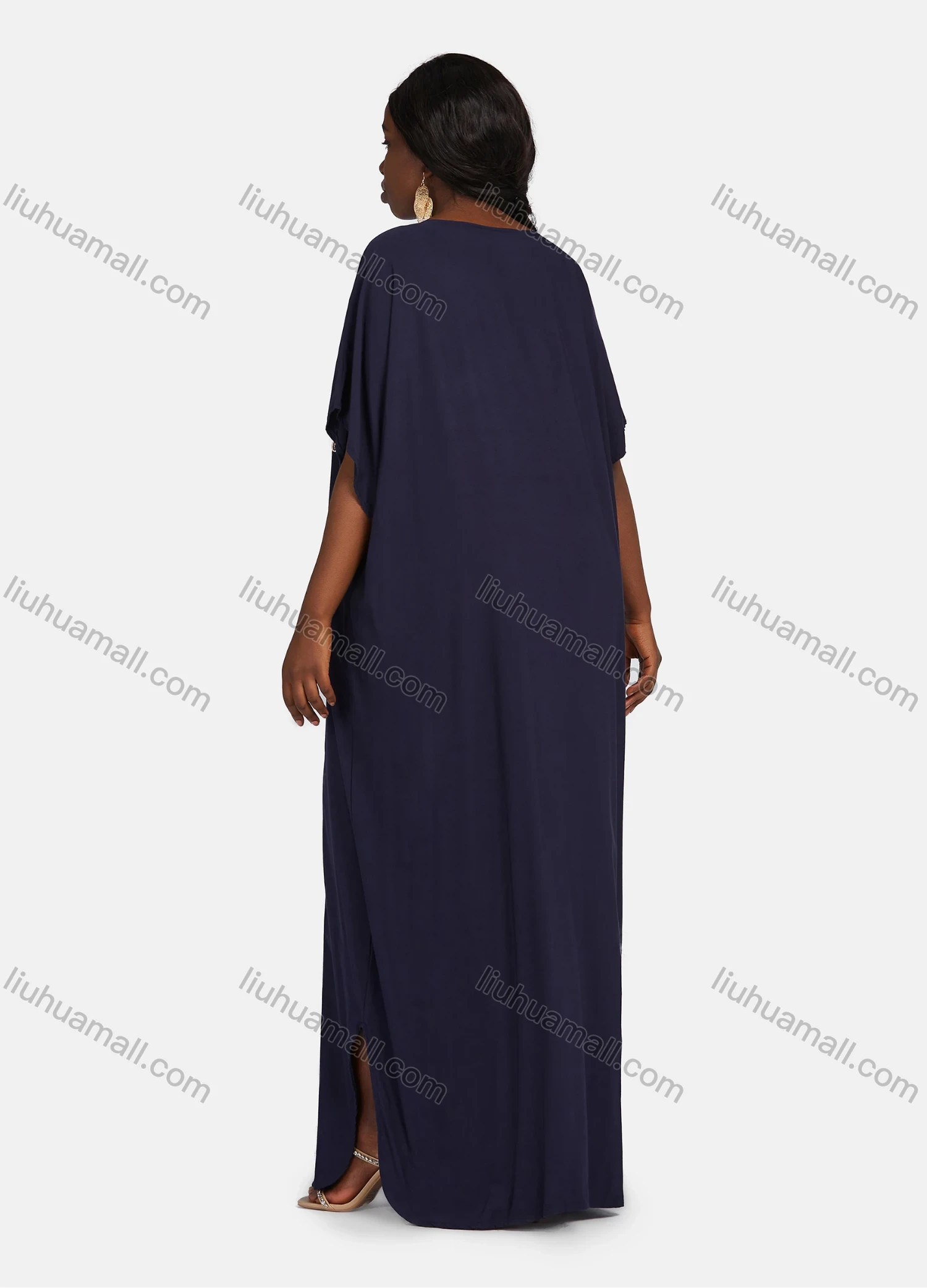 Wholesale Women's African Embroidery Robe Short Sleeve Kaftan Curved Hem Plus Size Maxi Dress - Liuhuamall