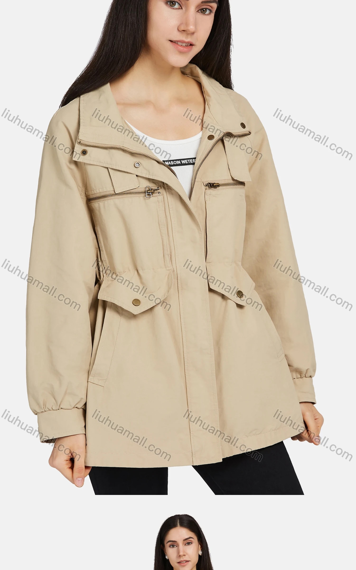 Wholesale Women's Long Sleeve Pockets Buttons Zip Up Plain Casual Coat - Liuhuamall