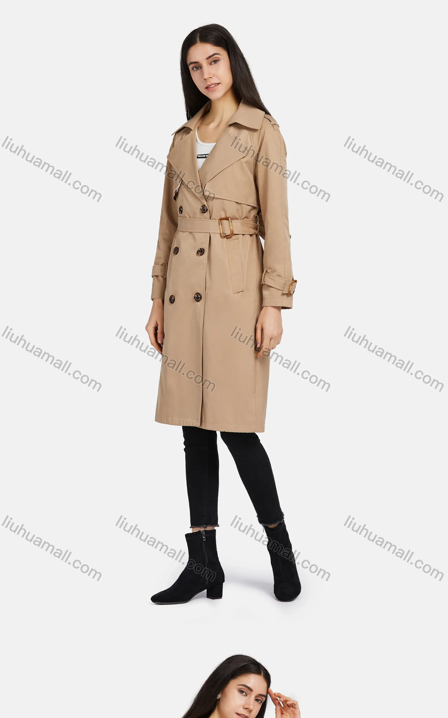 Wholesale Women's Lapel Double Breasted Belted Pockets Plain Mid Length Trench Coat - Liuhuamall