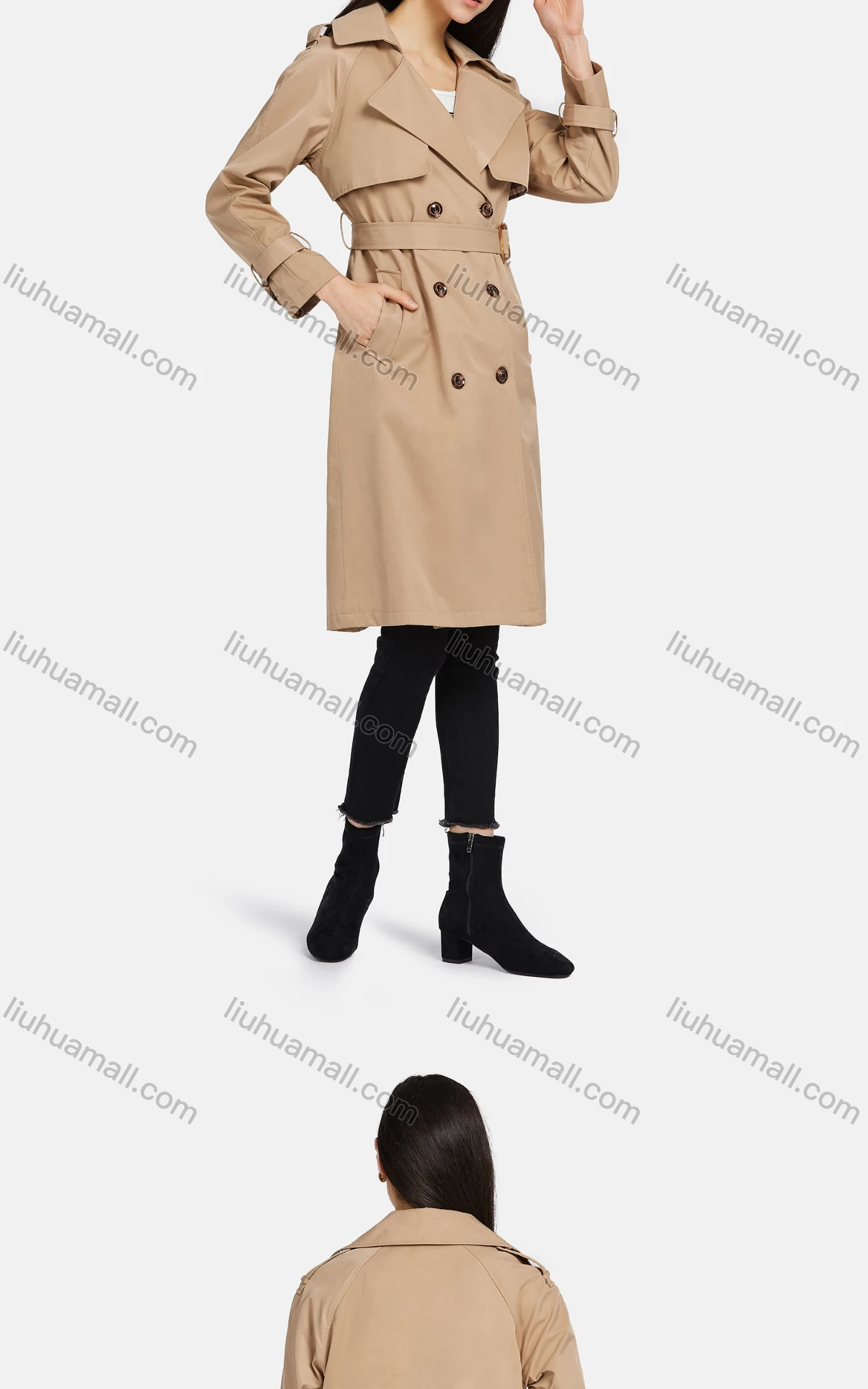 Wholesale Women's Lapel Double Breasted Belted Pockets Plain Mid Length Trench Coat - Liuhuamall