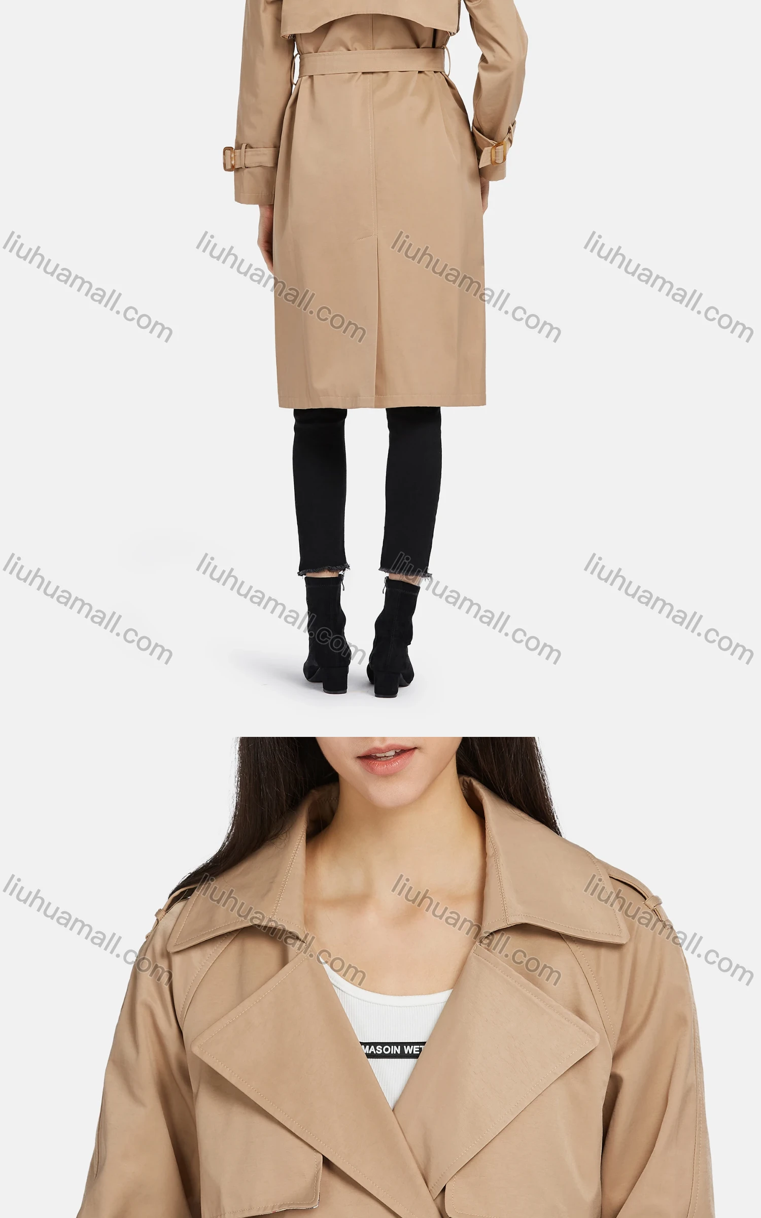 Wholesale Women's Lapel Double Breasted Belted Pockets Plain Mid Length Trench Coat - Liuhuamall
