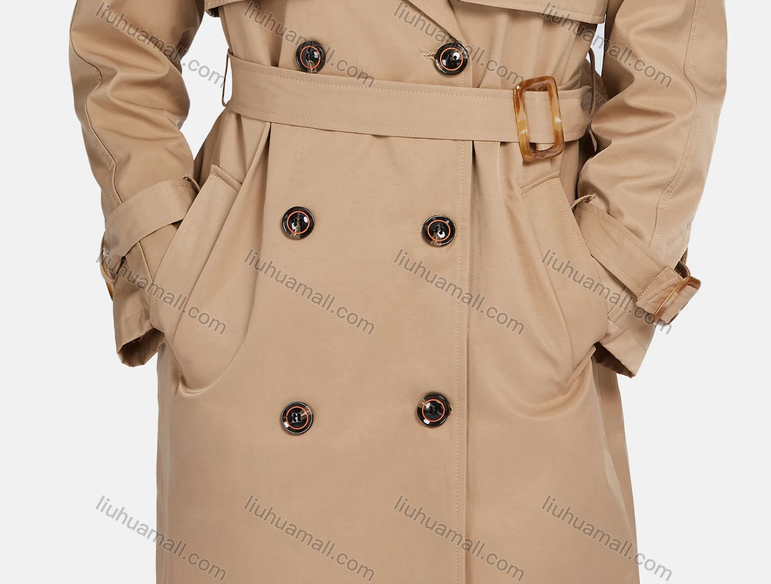 Wholesale Women's Lapel Double Breasted Belted Pockets Plain Mid Length Trench Coat - Liuhuamall