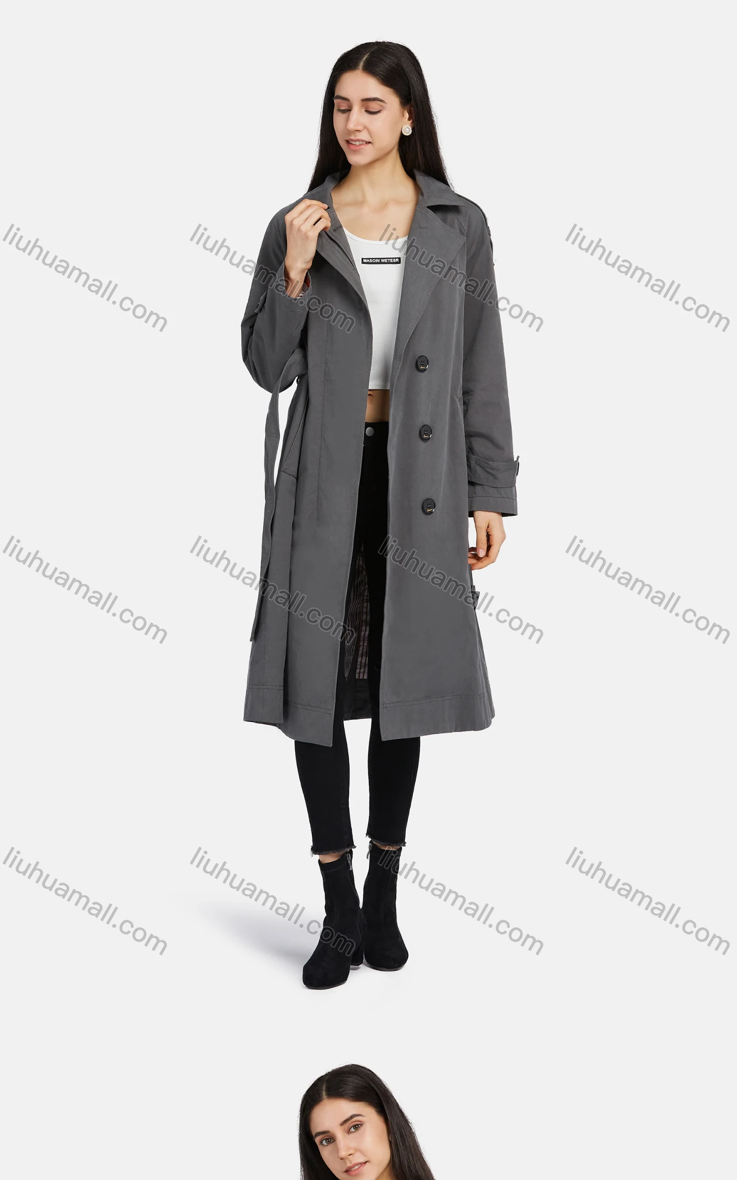 Wholesale Women's Lapel Buttons Belted Pockets Plain Mid Length Trench Coat - Liuhuamall