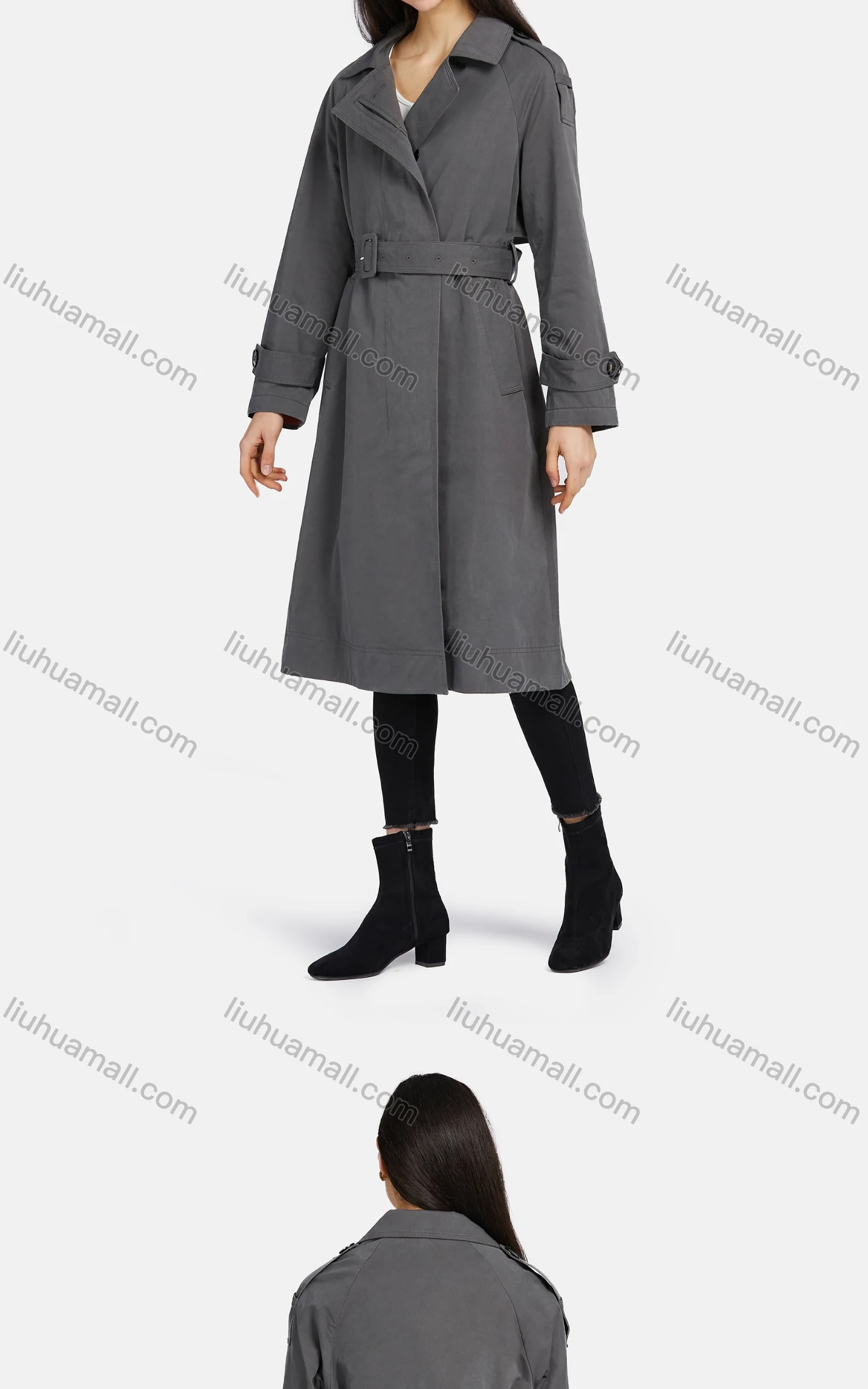 Wholesale Women's Lapel Buttons Belted Pockets Plain Mid Length Trench Coat - Liuhuamall