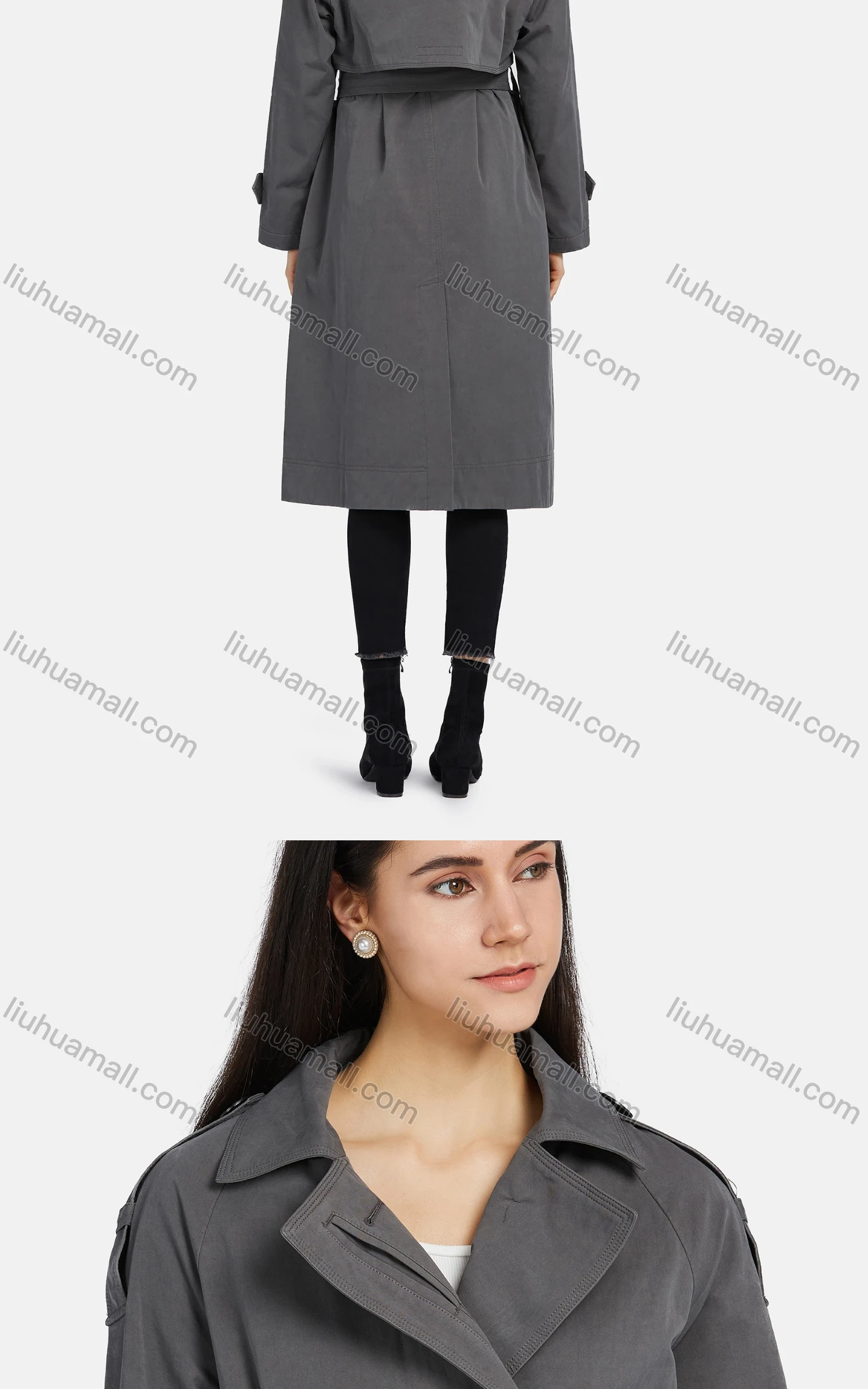 Wholesale Women's Lapel Buttons Belted Pockets Plain Mid Length Trench Coat - Liuhuamall