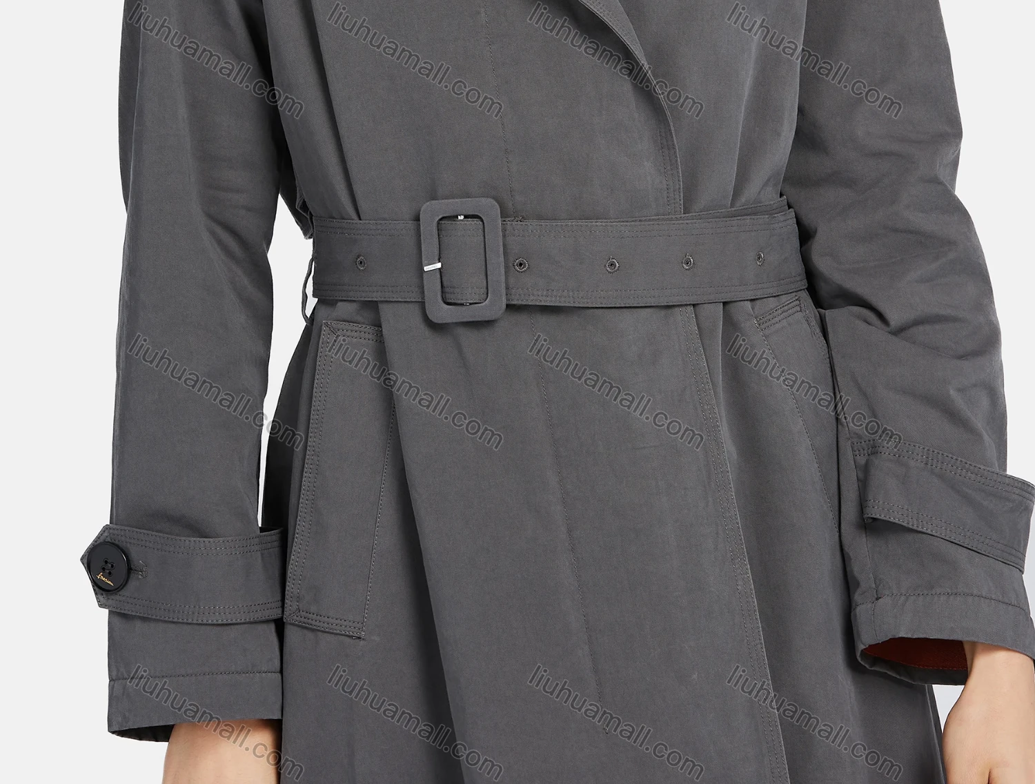 Wholesale Women's Lapel Buttons Belted Pockets Plain Mid Length Trench Coat - Liuhuamall