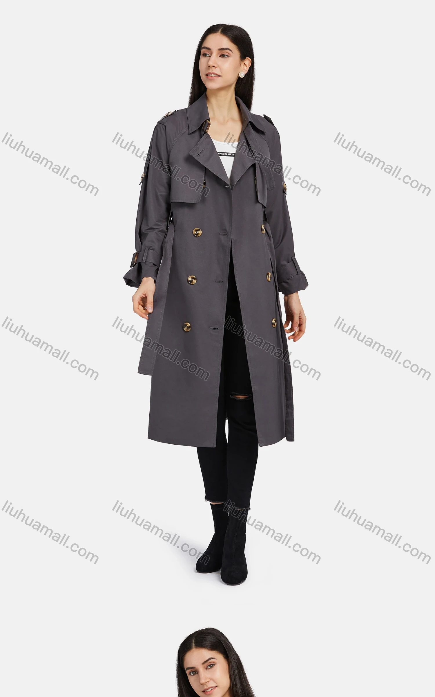 Wholesale Women's Lapel Straps Double Breasted Belted Pockets Plain Mid Length Trench Coat - Liuhuamall