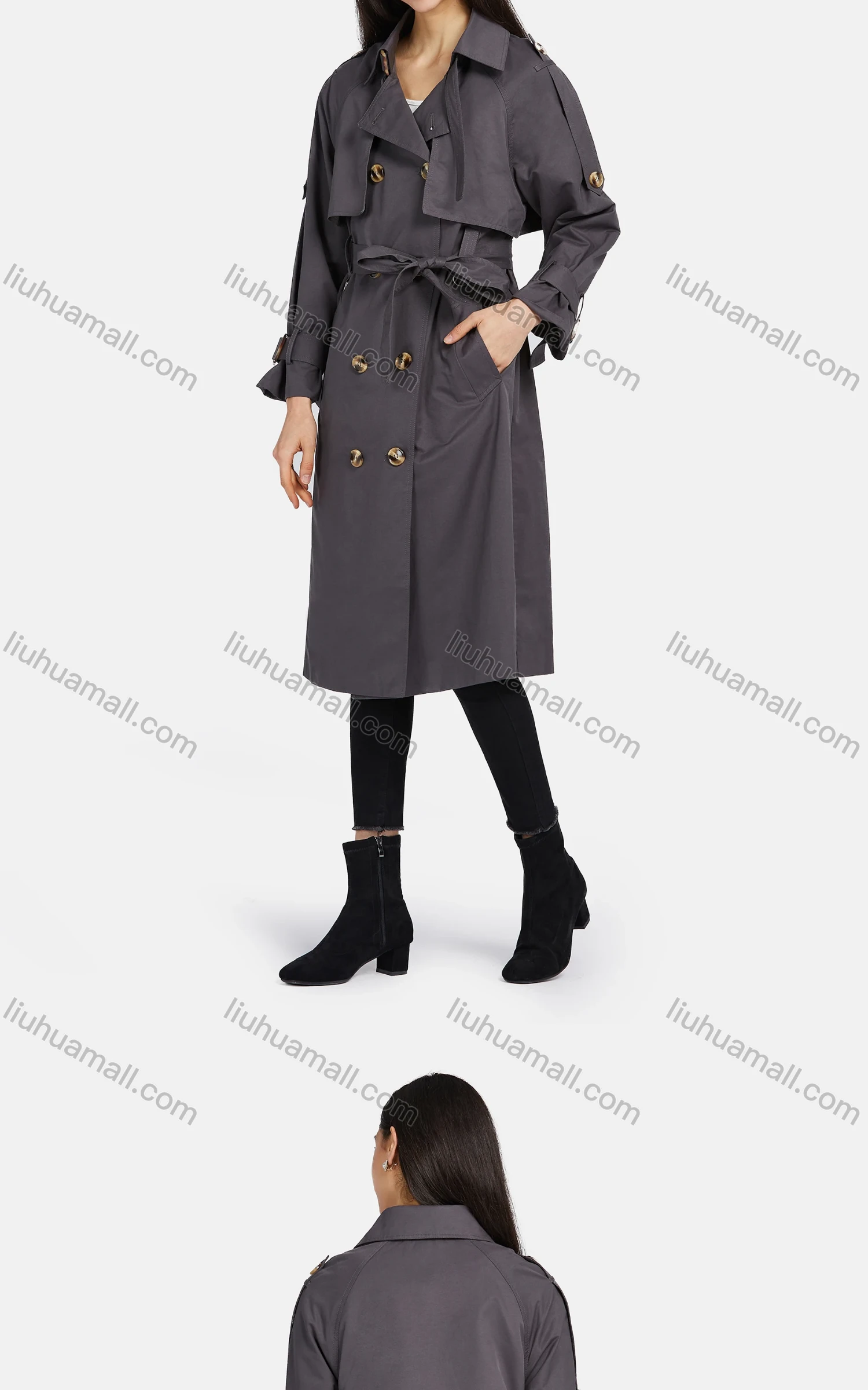 Wholesale Women's Lapel Straps Double Breasted Belted Pockets Plain Mid Length Trench Coat - Liuhuamall