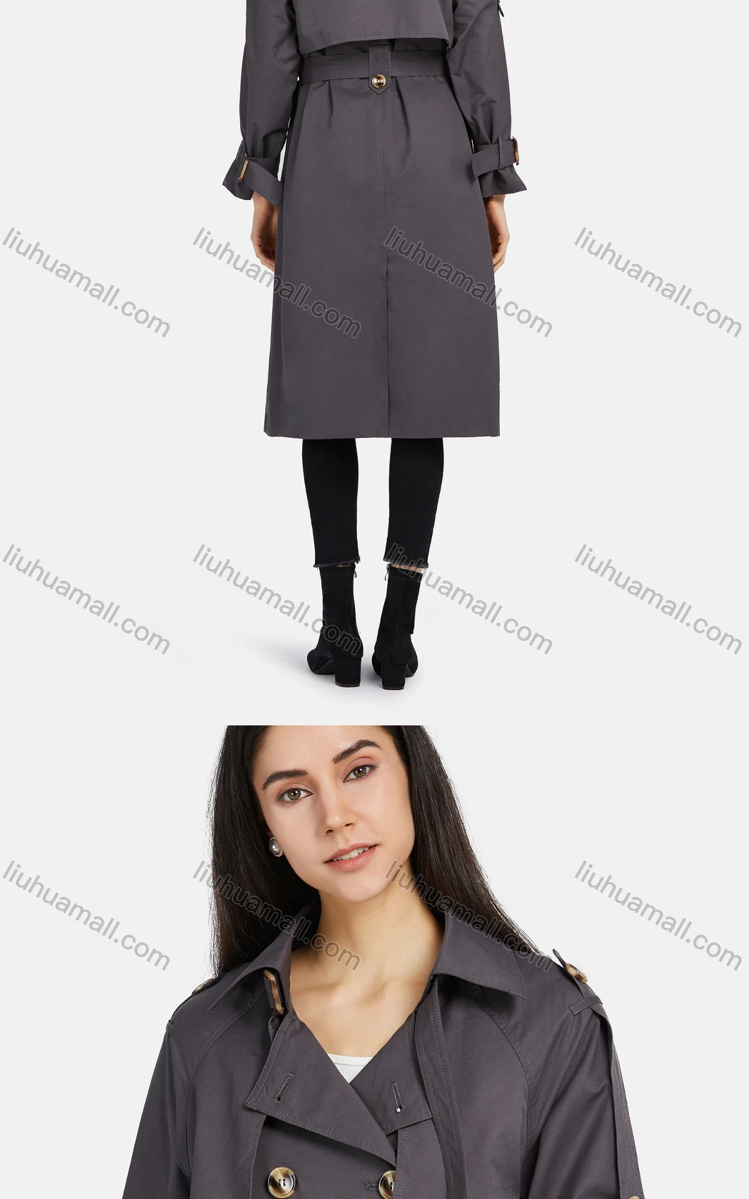 Wholesale Women's Lapel Straps Double Breasted Belted Pockets Plain Mid Length Trench Coat - Liuhuamall