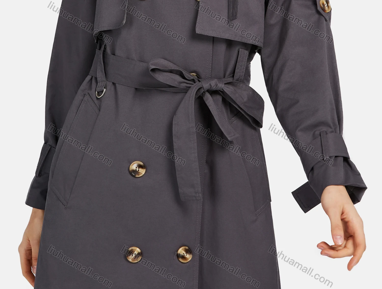 Wholesale Women's Lapel Straps Double Breasted Belted Pockets Plain Mid Length Trench Coat - Liuhuamall